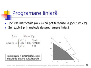 58
Programare liniară
 Jocurile matriceale (m x n) nu pot fi reduse la jocuri (2 x 2)
 Se rezolvă prin metode de programare liniară
Pentru cazul n-dimensional, este
nevoie de ajutorul calculatorului
Florin Leon, Modelarea si analiza sistemelor multi-agent, http://florinleon.byethost24.com/curs_masma.htm
 