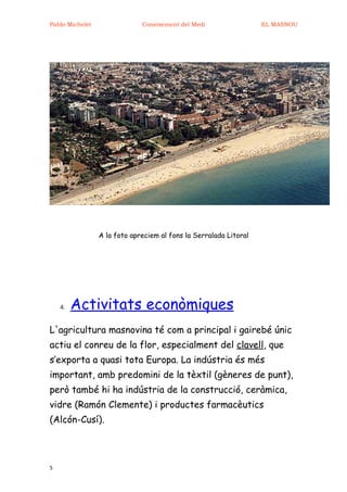 Pablo Michelet                Coneixement del Medi                 EL MASNOU




                 A la foto apreciem al fons la Serralada Litoral




    4.   Activitats econòmiques
L'agricultura masnovina té com a principal i gairebé únic
actiu el conreu de la flor, especialment del clavell, que
s’exporta a quasi tota Europa. La indústria és més
important, amb predomini de la tèxtil (gèneres de punt),
però també hi ha indústria de la construcció, ceràmica,
vidre (Ramón Clemente) i productes farmacèutics
(Alcón-Cusí).




5
 