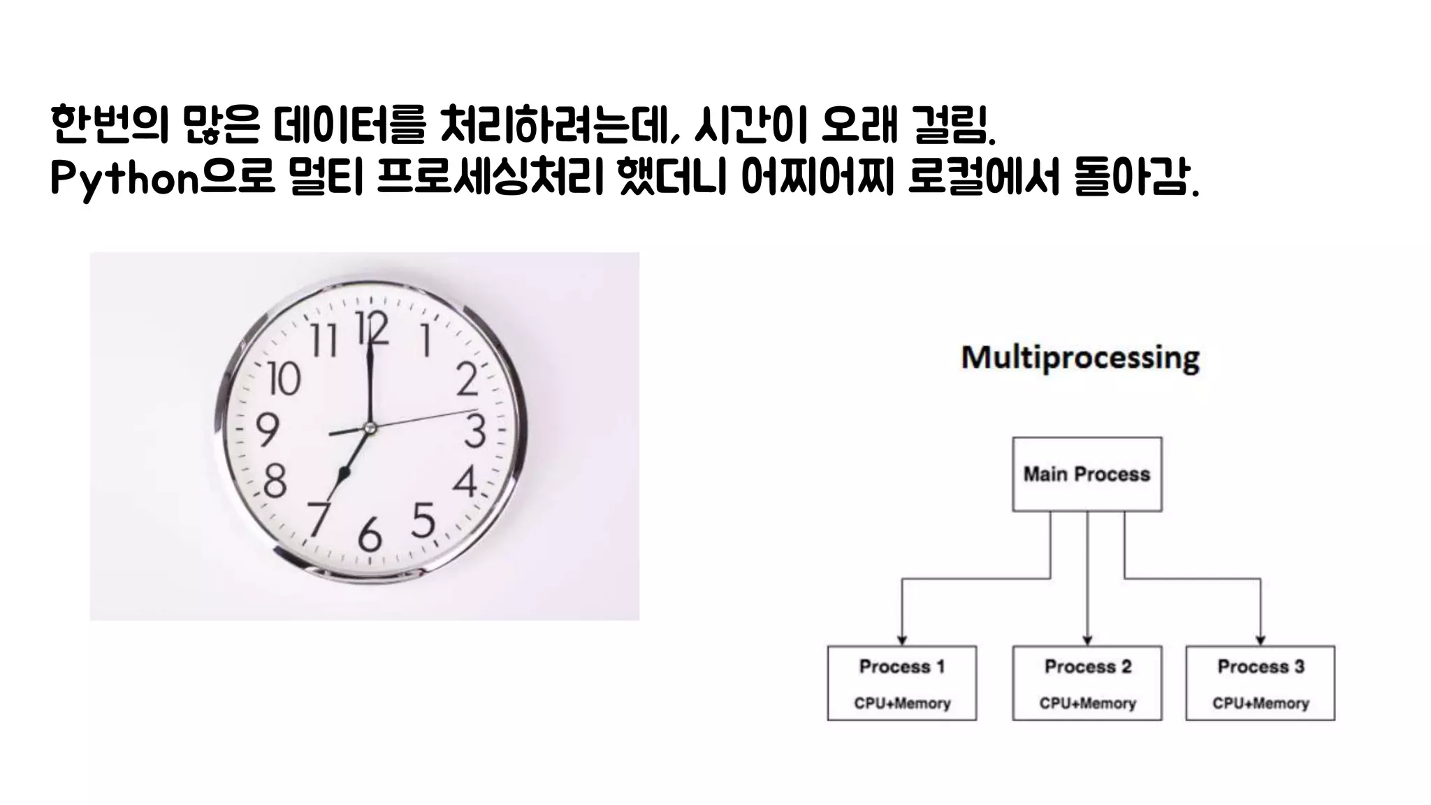한번의 많은 데이터를 처리하려는데, 시간이 오래 걸림.
Python으로 멀티 프로세싱처리 했더니 어찌어찌 로컬에서 돌아감.
 