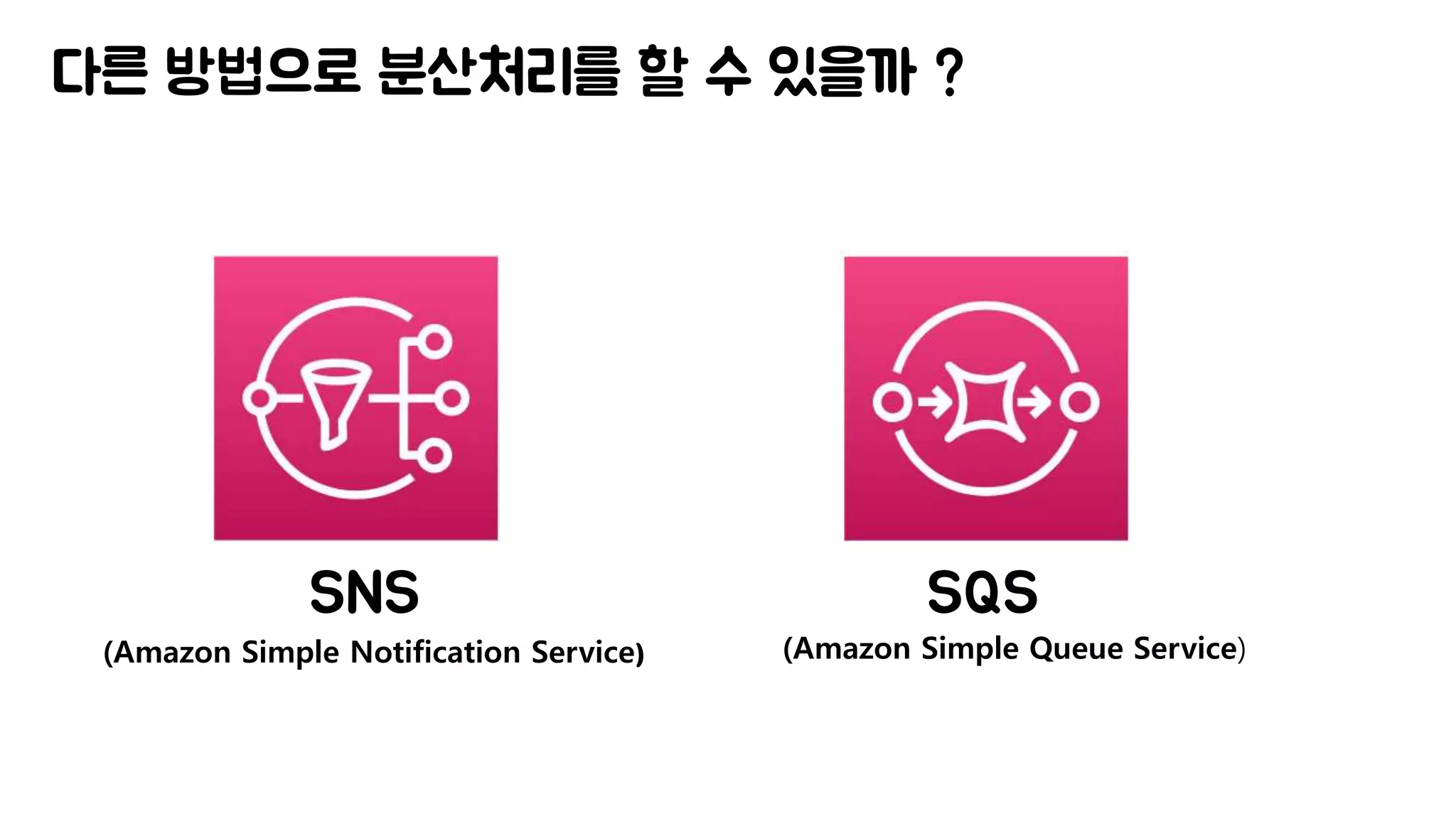 다른 방법으로 분산처리를 할 수 있을까 ?
SQSSNS
(Amazon Simple Notification Service) (Amazon Simple Queue Service)
 