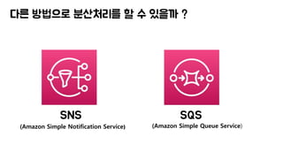 다른 방법으로 분산처리를 할 수 있을까 ?
SQSSNS
(Amazon Simple Notification Service) (Amazon Simple Queue Service)
 