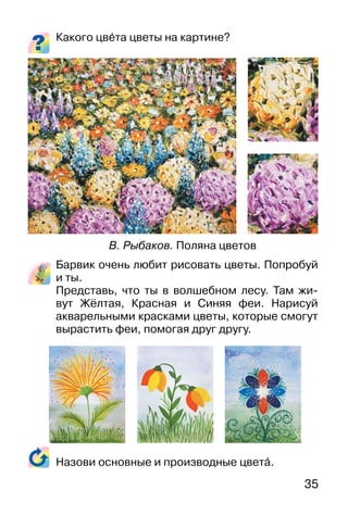35
Какого цве�та цветы на картине?
Барвик очень любит рисовать цветы. Попробуй
и ты.
Представь, что ты в волшебном лесу. Там жи-
вут Жёлтая, Красная и Синяя феи. Нарисуй
акварельными красками цветы, которые смогут
вырастить феи, помогая друг другу.
Назови основные и производные цвета�.
В. Рыбаков. Поляна цветов
 