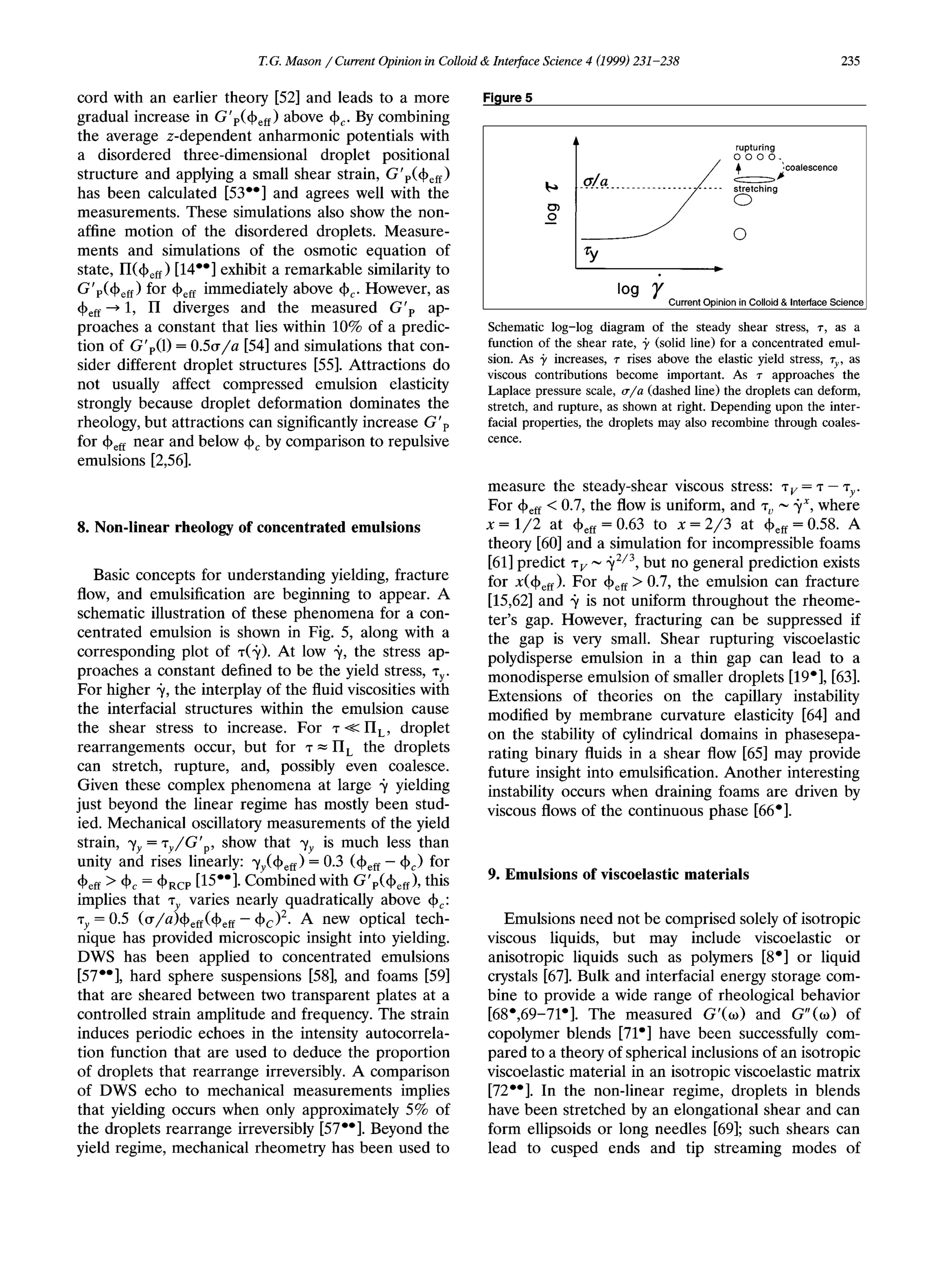 T.G. Mason / Current Opinionin Colloid & Interface Science 4 (I999)231-238 235
cord with an earlier theory [52] and leads to a more
gradual increase in G'p(+eff)above +c. By combining
the average z-dependent anharmonic potentials with
a disordered three-dimensional droplet positional
structure and applying a small shear strain, Grp(+eff)
has been calculated [53"] and agrees well with the
measurements. These simulations also show the non-
affine motion of the disordered droplets. Measure-
ments and simulations of the osmotic equation of
state, II(+eff)[14"] exhibit a remarkable similarity to
Grp(+eff)for +eff immediately above + c . However, as
+eff + 1, II diverges and the measured G', ap-
proaches a constant that lies within 10% of a predic-
tion of GrP(l)= 0.5a/u [541and simulations that con-
sider different droplet structures [55]. Attractions do
not usually affect compressed emulsion elasticity
strongly because droplet deformation dominates the
rheology, but attractions can significantlyincrease G',
for +eff near and below +c by comparison to repulsive
emulsions [2,561.
8. Non-linear rheology of concentrated emulsions
Basic concepts for understanding yielding, fracture
flow, and emulsification are beginning to appear. A
schematic illustration of these phenomena for a con-
centrated emulsion is shown in Fig. 5, along with a
corresponding plot of ~(9).At low +, the stress ap-
proaches a constant defined to be the yield stress, T ~ .
For higher y, the interplay of the fluid viscositieswith
the interfacial structures within the emulsion cause
the shear stress to increase. For 7<IIL, droplet
rearrangements occur, but for T = IIL the droplets
can stretch, rupture, and, possibly even coalesce.
Given these complex phenomena at large 9 yielding
just beyond the linear regime has mostly been stud-
ied. Mechanical oscillatory measurements of the yield
strain, y, = TJG',, show that yy is much less than
unity and rises linearly: yy(+eff = 0.3 (+eff - + c ) for
+eff >+c = +RCP [15"]. Combinedwith G'p(+eff),this
implies that T, varies nearly quadratically above + c :
T, = 0.5 (u/u)+eff(+eff - &I2. A new optical tech-
nique has provided microscopic insight into yielding.
DWS has been applied to concentrated emulsions
[57"1, hard sphere suspensions [%I, and foams [591
that are sheared between two transparent plates at a
controlled strain amplitude and frequency. The strain
induces periodic echoes in the intensity autocorrela-
tion function that are used to deduce the proportion
of droplets that rearrange irreversibly. A comparison
of DWS echo to mechanical measurements implies
that yielding occurs when only approximately 5% of
the droplets rearrange irreversibly [57"]. Beyond the
yield regime, mechanical rheometry has been used to
Figure5
A rupturing
oooo.,
.coalescence
0)
0-
zY
-
Current Opinion in Colloid& lntelfaceScience
log y
Schematic log-log diagram of the steady shear stress, T, as a
function of the shear rate, j~ (solid line) for a concentrated emul-
sion. As y increases, T rises above the elastic yield stress, T,,, as
viscous contributions become important. As T approaches the
Laplace pressure scale, u/a (dashed line) the droplets can deform,
stretch, and rupture, as shown at right. Depending upon the inter-
facial properties, the droplets may also recombine through coales-
cence.
measure the steady-shear viscous stress: T~ = T - 7,.
For (beff <0.7, the flow is uniform, and T~ -+",where
x = 1/2 at (Peff = 0.63 to x = 2/3 at +eff = 0.58. A
theory [60] and a simulation for incompressible foams
[611predict T~ -j2I3,but no general prediction exists
for x(+eff). For +eE >0.7, the emulsion can fracture
[15,62] and + is not uniform throughout the rheome-
ter's gap. However, fracturing can be suppressed if
the gap is very small. Shear rupturing viscoelastic
polydisperse emulsion in a thin gap can lead to a
monodisperse emulsion of smaller droplets [19'1, [631.
Extensions of theories on the capillary instability
modified by membrane curvature elasticity [64] and
on the stability of cylindrical domains in phasesepa-
rating binary fluids in a shear flow [65] may provide
future insight into emulsification. Another interesting
instability occurs when draining foams are driven by
viscous flows of the continuous phase [66'].
9. Emulsions of viscoelastic materials
Emulsions need not be comprised solely of isotropic
viscous liquids, but may include viscoelastic or
anisotropic liquids such as polymers [ P I or liquid
crystals [67]. Bulk and interfacial energy storage com-
bine to provide a wide range of rheological behavior
[68',69-71'1. The measured G'(o) and G"(o)of
copolymer blends [71'] have been successfully com-
pared to a theory of spherical inclusionsof an isotropic
viscoelastic material in an isotropicviscoelastic matrix
[72"]. In the non-linear regime, droplets in blends
have been stretched by an elongational shear and can
form ellipsoids or long needles [691; such shears can
lead to cusped ends and tip streaming modes of
 