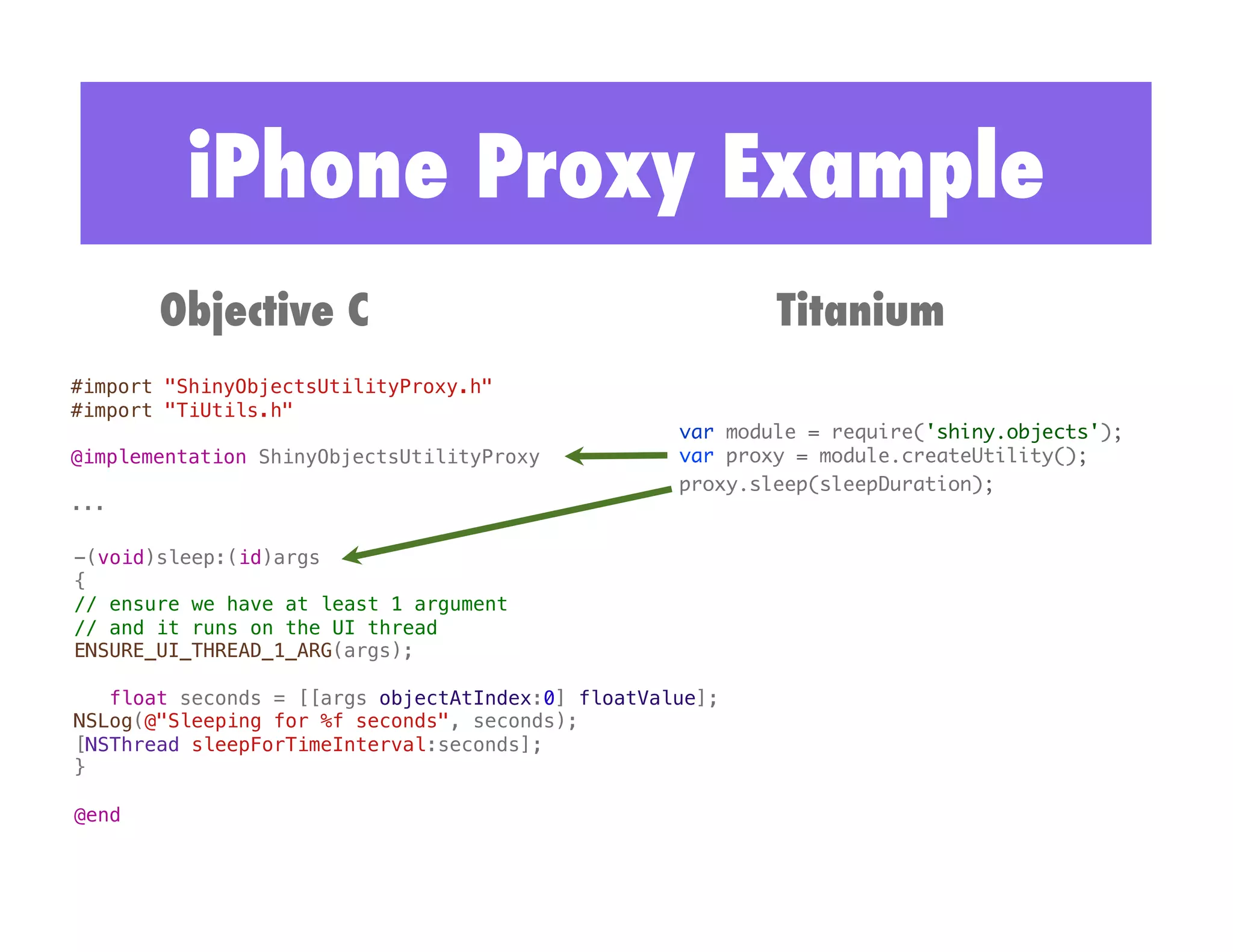 iPhone Proxy Example
        Objective C                                         Titanium
#import "ShinyObjectsUtilityProxy.h"!
#import "TiUtils.h"!
                                                    var module = require('shiny.objects');	
@implementation ShinyObjectsUtilityProxy !          var proxy = module.createUtility();	
                                                    proxy.sleep(sleepDuration);	
...!

-(void)sleep:(id)args!
{!
// ensure we have at least 1 argument !
// and it runs on the UI thread!
ENSURE_UI_THREAD_1_ARG(args);!

   float seconds = [[args objectAtIndex:0] floatValue];!
NSLog(@"Sleeping for %f seconds", seconds);!
[NSThread sleepForTimeInterval:seconds];!
}!

@end!
 