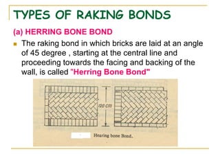 TYPES OF RAKING BONDS
(a) HERRING BONE BOND
 The raking bond in which bricks are laid at an angle
of 45 degree , starting at the central line and
proceeding towards the facing and backing of the
wall, is called "Herring Bone Bond"
 