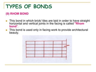TYPES OF BONDS
(9) RHOM BOND
 This bond in which brick/ tiles are laid in order to have straight
horizontal and vertical joints in the facing is called "Rhom
bond".
 This bond is used only in facing work to provide architectural
beauty.
 