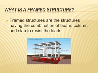 WHAT IS A FRAMED STRUCTURE?
 Framed structures are the structures
having the combination of beam, column
and slab to resist the loads.
 