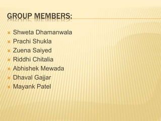GROUP MEMBERS:
 Shweta Dhamanwala
 Prachi Shukla
 Zuena Saiyed
 Riddhi Chitalia
 Abhishek Mewada
 Dhaval Gajjar
 Mayank Patel
 
