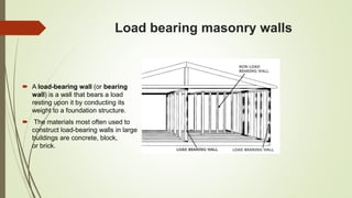 Load bearing masonry walls
 A load-bearing wall (or bearing
wall) is a wall that bears a load
resting upon it by conducting its
weight to a foundation structure.
 The materials most often used to
construct load-bearing walls in large
buildings are concrete, block,
or brick.
 
