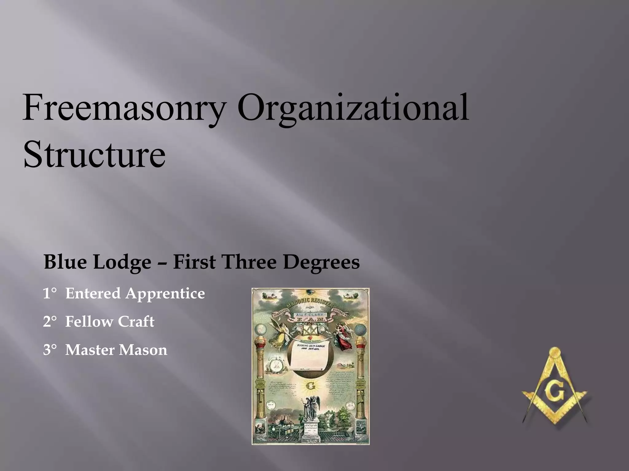 Freemasonry Organizational
Structure

 Blue Lodge – First Three Degrees
 1° Entered Apprentice
 2° Fellow Craft
 3° Master Mason
 