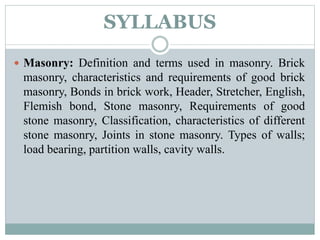 SYLLABUS
 Masonry: Definition and terms used in masonry. Brick
masonry, characteristics and requirements of good brick
masonry, Bonds in brick work, Header, Stretcher, English,
Flemish bond, Stone masonry, Requirements of good
stone masonry, Classification, characteristics of different
stone masonry, Joints in stone masonry. Types of walls;
load bearing, partition walls, cavity walls.
 