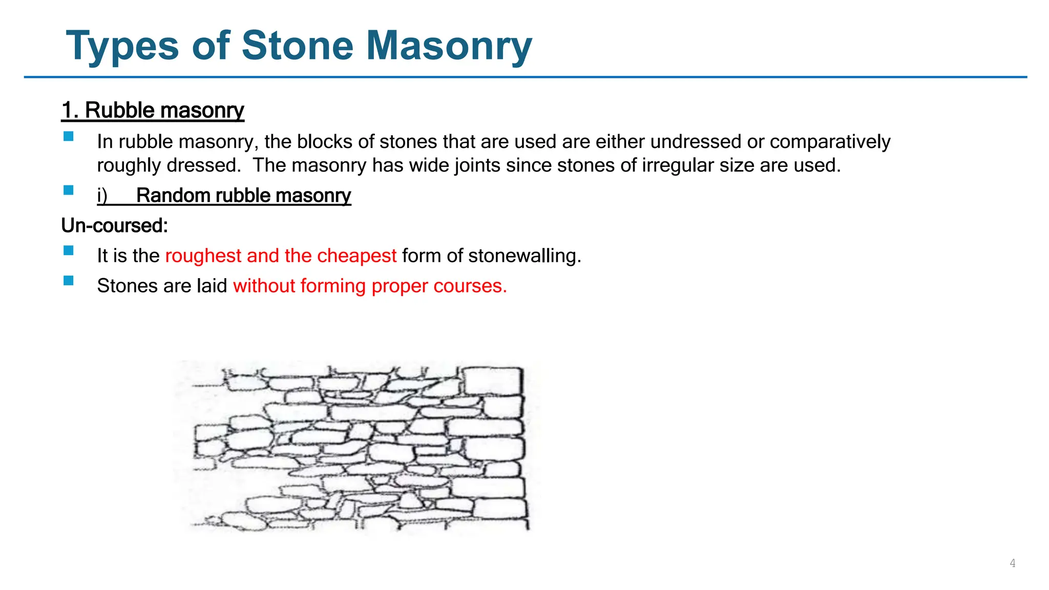 4
Types of Stone Masonry
1. Rubble masonry
 In rubble masonry, the blocks of stones that are used are either undressed or comparatively
roughly dressed. The masonry has wide joints since stones of irregular size are used.
 i) Random rubble masonry
Un-coursed:
 It is the roughest and the cheapest form of stonewalling.
 Stones are laid without forming proper courses.
 