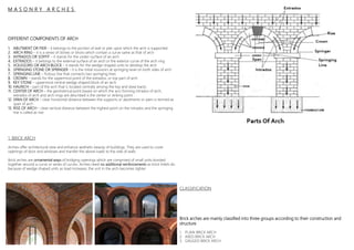1. BRICK ARCH
Arches offer architectural view and enhance aesthetic beauty of buildings. They are used to cover
openings of door and windows and transfer the above loads to the side of walls
Brick arches are ornamental ways of bridging openings which are comprised of small units bonded
together around a curve or series of curves. Arches need no additional reinforcements as brick lintels do
because of wedge shaped units as load increases, the unit in the arch becomes tighter
DIFFERENT COMPONENTS OF ARCH
1. ABUTMENT OR PIER – it belongs to the portion of wall or pier upon which the arch is supported
2. ARCH RING – it is a series of stones or bricks which contain a curve same as that of arch
3. INTRADOS OR SOFFIT – it stands for the under-surface of an arch
4. EXTRADOS – it belongs to the external surface of an arch or the exterior curve of the arch ring
5. VOUSSOIRS OR ARCH BLOCK – it stands for the wedge-shaped units to develop the arch
6. SPRINGING STONE OR SPRINGER – it is the initial voussoirs at springing level on both sides of arch
7. SPRINGING LINE – fictious line that connects two springing lines
8. CROWN – stands for the uppermost point of the extrados, or top part of arch
9. KEY STONE – uppermost central wedge shaped block of an arch
10. HAUNCH – part of the arch that is located centrally among the key and skew backs
11. CENTER OF ARCH – the geometrical point based on which the arcs forming intrados of arch,
extrados of arch and arch rings are described is the center or striking point
12. SPAN OF ARCH – clear horizontal distance between the supports or abutments or piers is termed as
span of arch
13. RISE OF ARCH – clear vertical distance between the highest point on the intrados and the springing
line is called as rise
M A S O N R Y A R C H E S
CLASSIFICATION
Brick arches are mainly classified into three groups according to their construction and
structure
1. PLAIN BRICK ARCH
2. AXED BRICK ARCH
3. GAUGED BRICK ARCH
 