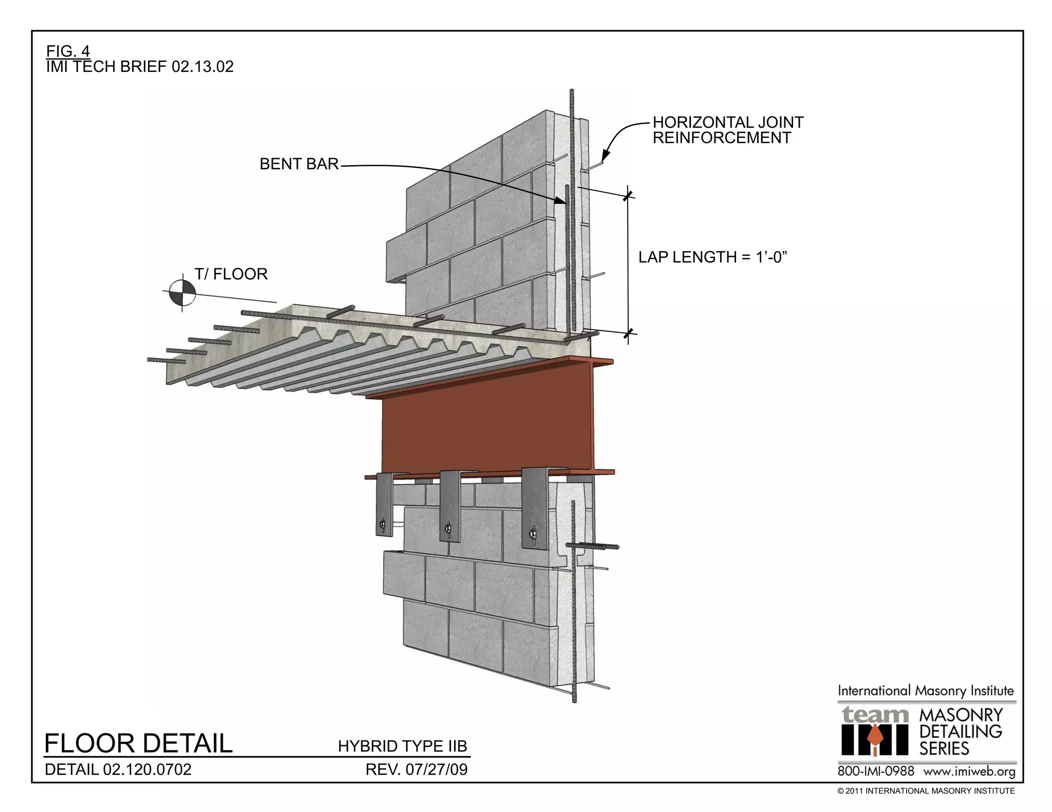 FIG. 4
IMI TECH BRIEF 02.13.02


                                                       HORIZONTAL JOINT
                                                       REINFORCEMENT
                            BENT BAR




                                                      LAP LENGTH = 1’-0”
                     T/ FLOOR




FLOOR DETAIL                       HYBRID TYPE IIB
DETAIL 02.120.0702                    REV. 07/27/09
                                                                           © 2011 INTERNATIONAL MASONRY INSTITUTE
 