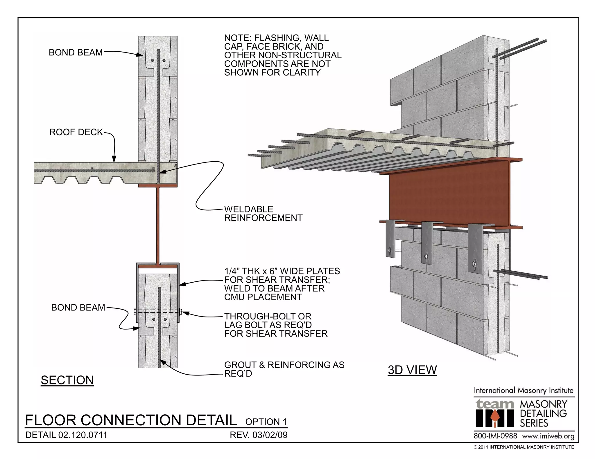 NOTE: FLASHING, WALL
                     CAP, FACE BRICK, AND
     BOND BEAM       OTHER NON-STRUCTURAL
                     COMPONENTS ARE NOT
                     SHOWN FOR CLARITY




     ROOF DECK




                     WELDABLE
                     REINFORCEMENT




                     1/4” THK x 6” WIDE PLATES
                     FOR SHEAR TRANSFER;
                     WELD TO BEAM AFTER
                     CMU PLACEMENT
     BOND BEAM
                     THROUGH-BOLT OR
                     LAG BOLT AS REQ’D
                     FOR SHEAR TRANSFER


                     GROUT & REINFORCING AS
                     REQ’D                       3D VIEW
   SECTION


FLOOR CONNECTION DETAIL  OPTION 1
DETAIL 02.120.0711    REV. 03/02/09
                                                           © 2011 INTERNATIONAL MASONRY INSTITUTE
 