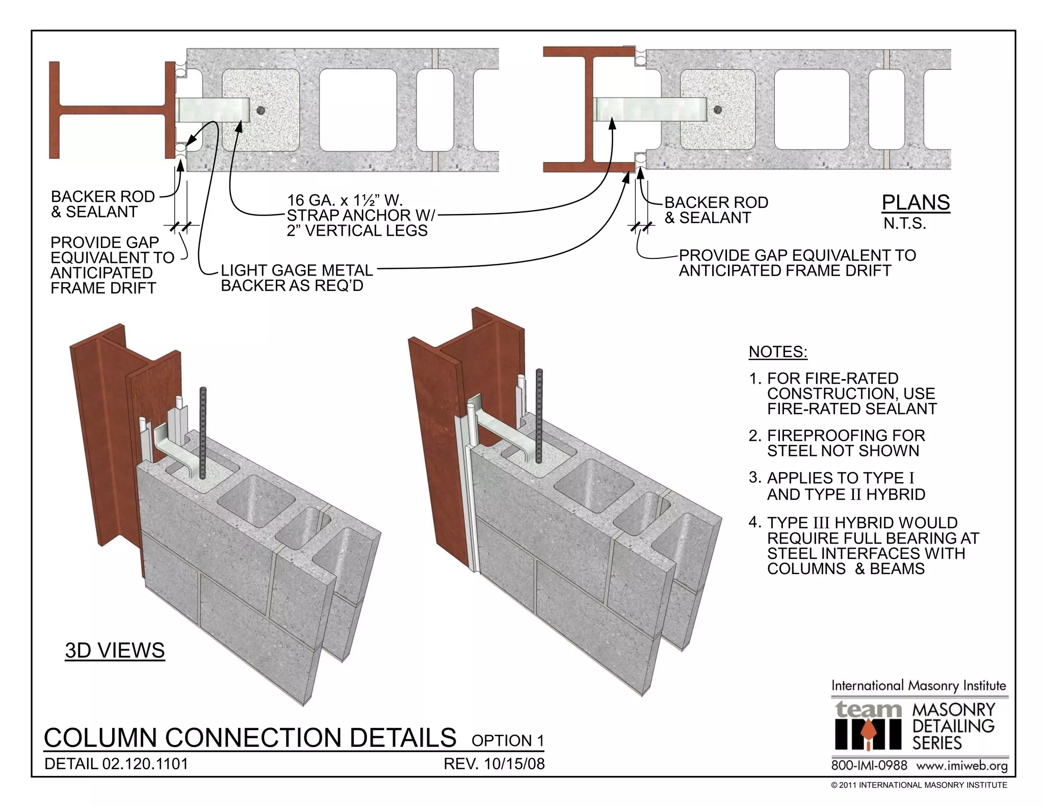 BACKER ROD                 16 GA. x 1½” W.                    BACKER ROD                 PLANS
& SEALANT                  STRAP ANCHOR W/                    & SEALANT
                           2” VERTICAL LEGS                                               N.T.S.
PROVIDE GAP
EQUIVALENT TO                                                  PROVIDE GAP EQUIVALENT TO
ANTICIPATED          LIGHT GAGE METAL                          ANTICIPATED FRAME DRIFT
FRAME DRIFT          BACKER AS REQ’D



                                                                      NOTES:
                                                                      1. FOR FIRE-RATED
                                                                         CONSTRUCTION, USE
                                                                         FIRE-RATED SEALANT
                                                                      2. FIREPROOFING FOR
                                                                         STEEL NOT SHOWN
                                                                      3. APPLIES TO TYPE I
                                                                         AND TYPE II HYBRID
                                                                      4. TYPE III HYBRID WOULD
                                                                         REQUIRE FULL BEARING AT
                                                                         STEEL INTERFACES WITH
                                                                         COLUMNS & BEAMS




  3D VIEWS



COLUMN CONNECTION DETAILS                        OPTION 1
DETAIL 02.120.1101                            REV. 10/15/08
                                                                               © 2011 INTERNATIONAL MASONRY INSTITUTE
 