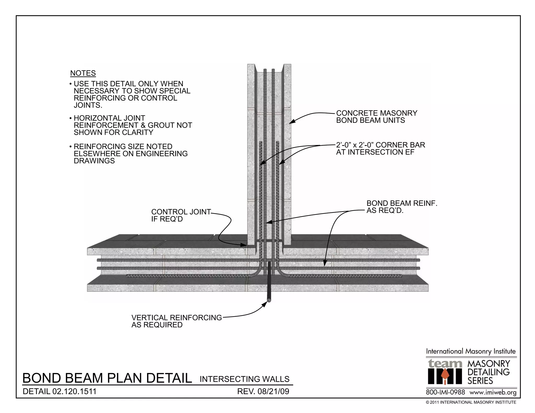 NOTES
           • USE THIS DETAIL ONLY WHEN
             NECESSARY TO SHOW SPECIAL
             REINFORCING OR CONTROL
             JOINTS.
                                                                CONCRETE MASONRY
           • HORIZONTAL JOINT                                   BOND BEAM UNITS
             REINFORCEMENT & GROUT NOT
             SHOWN FOR CLARITY
           • REINFORCING SIZE NOTED                             2’-0” x 2’-0” CORNER BAR
             ELSEWHERE ON ENGINEERING                           AT INTERSECTION EF
             DRAWINGS




                                                                        BOND BEAM REINF.
                             CONTROL JOINT                              AS REQ’D.
                             IF REQ’D




                        VERTICAL REINFORCING
                        AS REQUIRED




BOND BEAM PLAN DETAIL                    INTERSECTING WALLS
DETAIL 02.120.1511                              REV. 08/21/09
                                                                                           © 2011 INTERNATIONAL MASONRY INSTITUTE
 