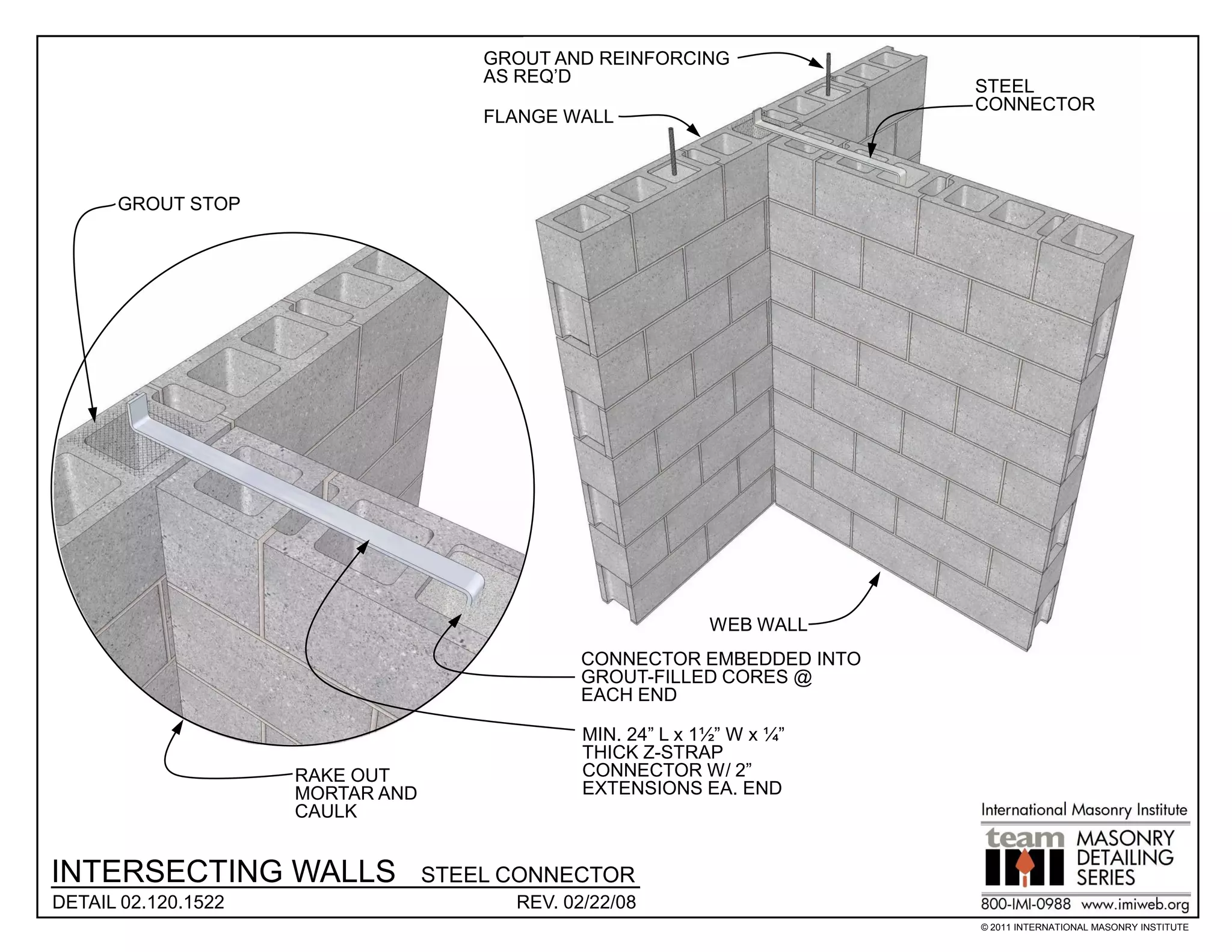 GROUT AND REINFORCING
                                      AS REQ’D
                                                                         STEEL
                                                                         CONNECTOR
                                      FLANGE WALL



      GROUT STOP




                                                             WEB WALL
                                               CONNECTOR EMBEDDED INTO
                                               GROUT-FILLED CORES @
                                               EACH END

                                               MIN. 24” L x 1½” W x ¼”
                                               THICK Z-STRAP
                     RAKE OUT                  CONNECTOR W/ 2”
                     MORTAR AND                EXTENSIONS EA. END
                     CAULK


INTERSECTING WALLS                STEEL CONNECTOR
DETAIL 02.120.1522                      REV. 02/22/08
                                                                         © 2011 INTERNATIONAL MASONRY INSTITUTE
 