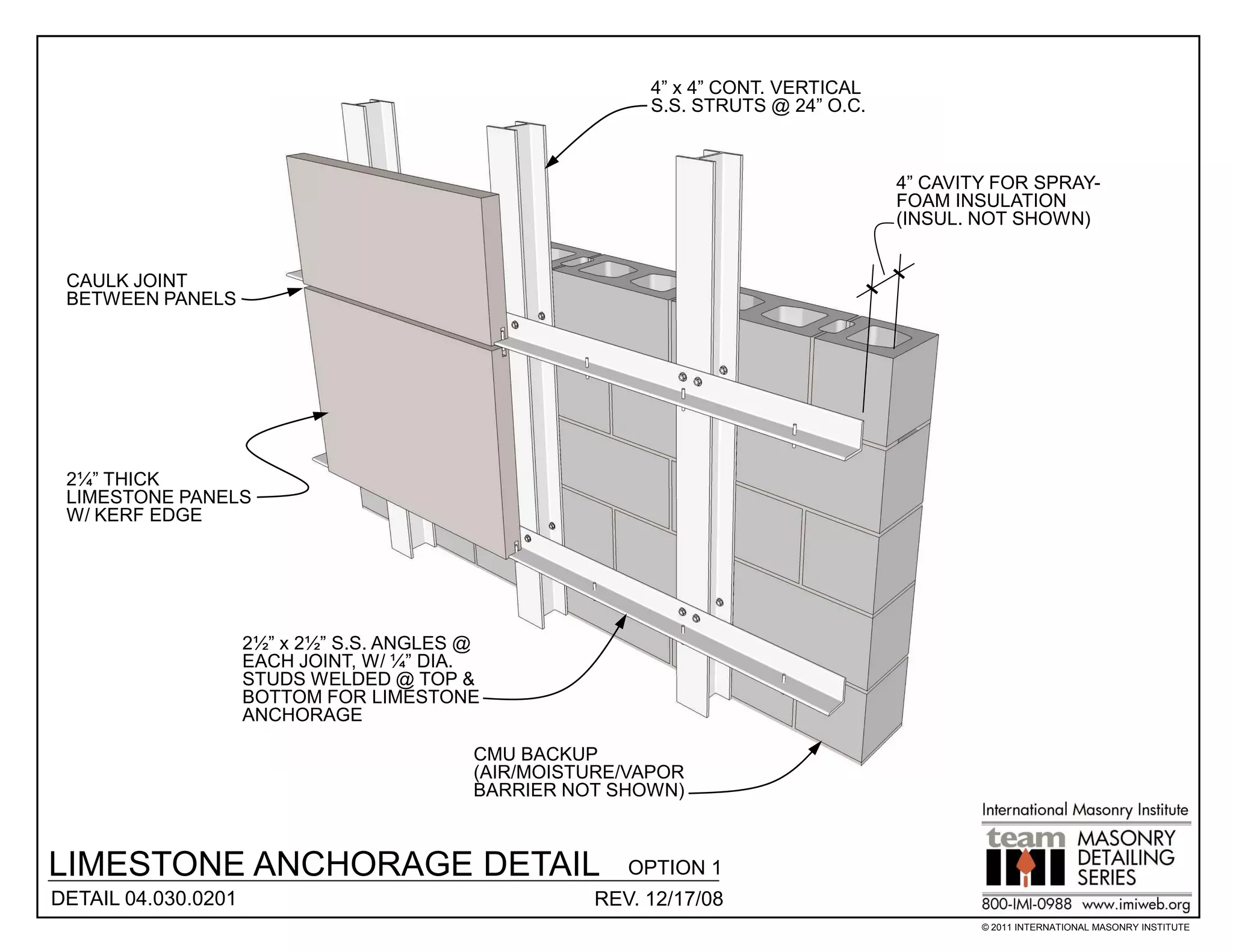 4” x 4” CONT. VERTICAL
                                                          S.S. STRUTS @ 24” O.C.



                                                                                   4” CAVITY FOR SPRAY-
                                                                                   FOAM INSULATION
                                                                                   (INSUL. NOT SHOWN)


 CAULK JOINT
 BETWEEN PANELS




 2¼” THICK
 LIMESTONE PANELS
 W/ KERF EDGE




                     2½” x 2½” S.S. ANGLES @
                     EACH JOINT, W/ ¼” DIA.
                     STUDS WELDED @ TOP &
                     BOTTOM FOR LIMESTONE
                     ANCHORAGE

                                           CMU BACKUP
                                           (AIR/MOISTURE/VAPOR
                                           BARRIER NOT SHOWN)



LIMESTONE ANCHORAGE DETAIL                              OPTION 1
DETAIL 04.030.0201                                   REV. 12/17/08
                                                                                           © 2011 INTERNATIONAL MASONRY INSTITUTE
 