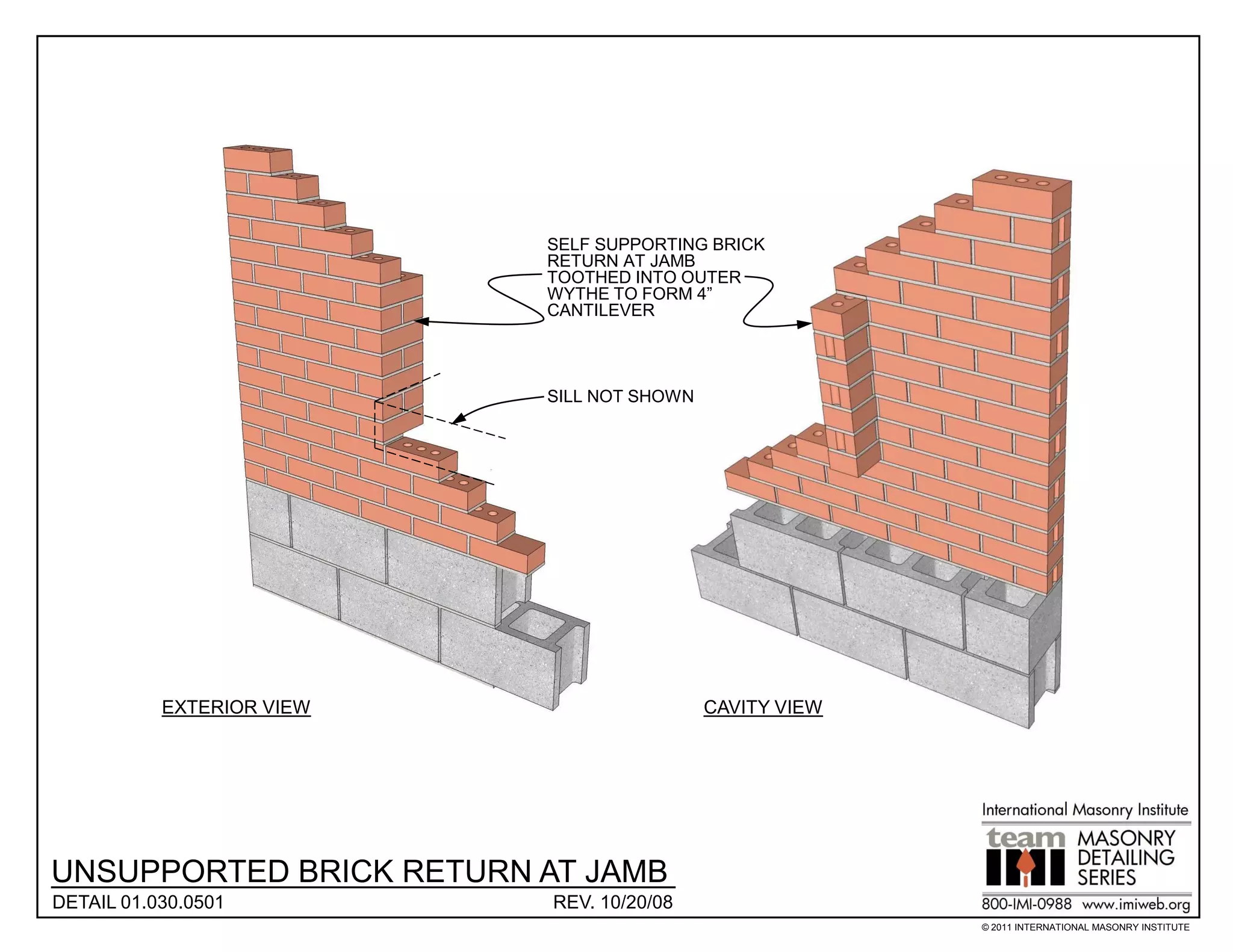 SELF SUPPORTING BRICK
                           RETURN AT JAMB
                           TOOTHED INTO OUTER
                           WYTHE TO FORM 4”
                           CANTILEVER




                           SILL NOT SHOWN




           EXTERIOR VIEW                    CAVITY VIEW




UNSUPPORTED BRICK RETURN AT JAMB
DETAIL 01.030.0501         REV. 10/20/08
                                                          © 2011 INTERNATIONAL MASONRY INSTITUTE
 