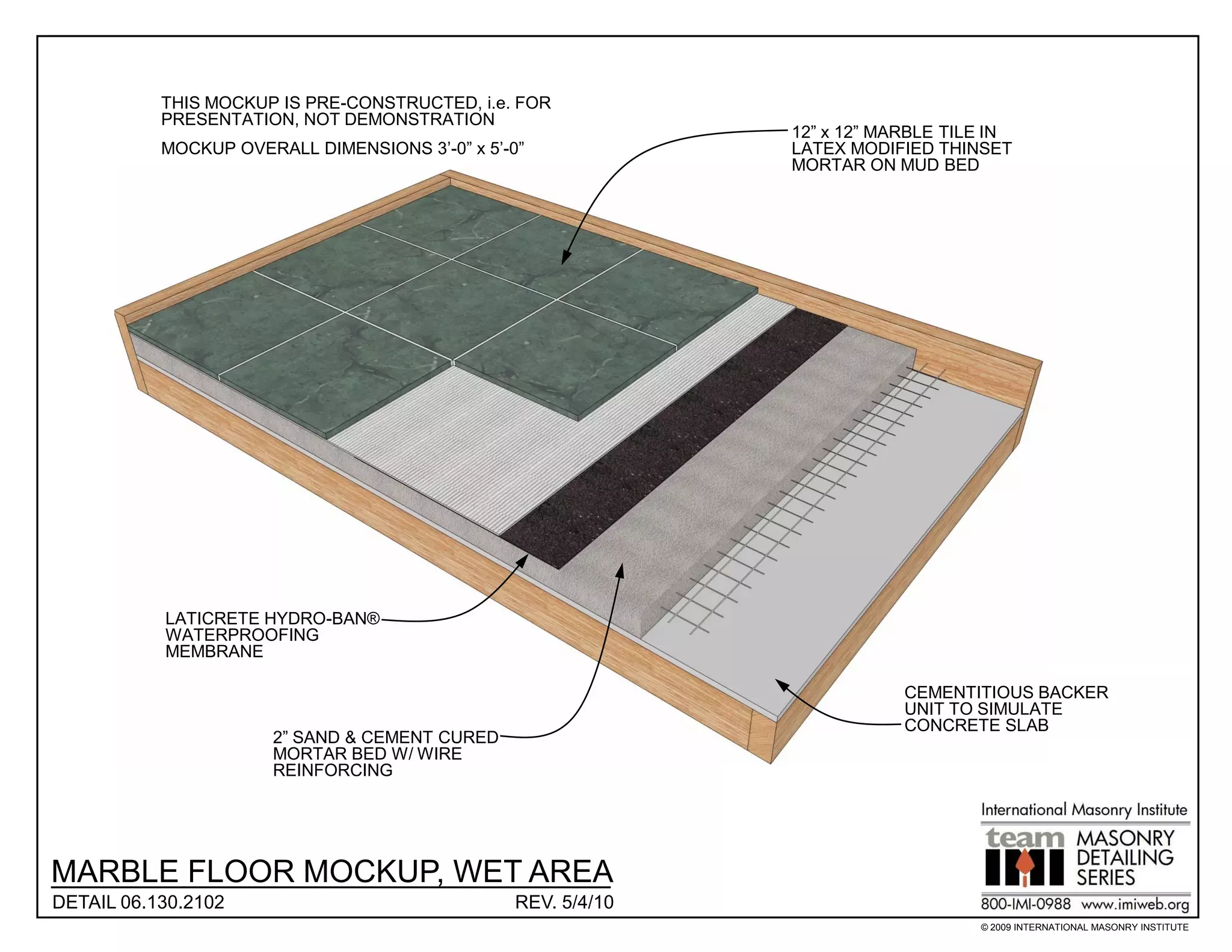 THIS MOCKUP IS PRE-CONSTRUCTED, i.e. FOR
           PRESENTATION, NOT DEMONSTRATION
                                                               12” x 12” MARBLE TILE IN
           MOCKUP OVERALL DIMENSIONS 3’-0” x 5’-0”             LATEX MODIFIED THINSET
                                                               MORTAR ON MUD BED




           LATICRETE HYDRO-BAN®
           WATERPROOFING
           MEMBRANE

                                                                           CEMENTITIOUS BACKER
                                                                           UNIT TO SIMULATE
                                                                           CONCRETE SLAB
                       2” SAND & CEMENT CURED
                       MORTAR BED W/ WIRE
                       REINFORCING




MARBLE FLOOR MOCKUP, WET AREA
DETAIL 06.130.2102                               REV. 5/4/10
                                                                                   © 2009 INTERNATIONAL MASONRY INSTITUTE
 