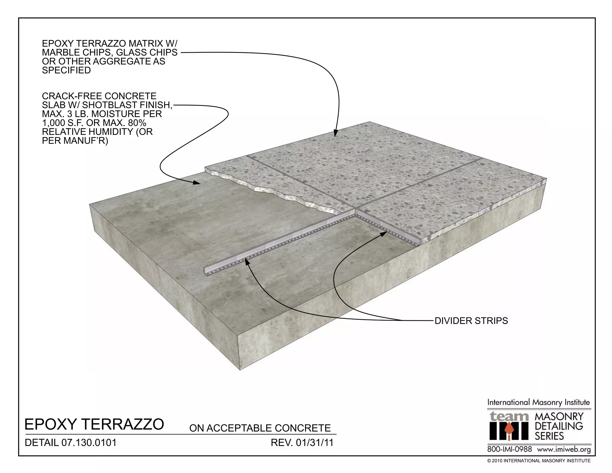 EPOXY TERRAZZO MATRIX W/
   MARBLE CHIPS, GLASS CHIPS
   OR OTHER AGGREGATE AS
   SPECIFIED

   CRACK-FREE CONCRETE
   SLAB W/ SHOTBLAST FINISH,
   MAX. 3 LB. MOISTURE PER
   1,000 S.F. OR MAX. 80%
   RELATIVE HUMIDITY (OR
   PER MANUF’R)




                                                            DIVIDER STRIPS




EPOXY TERRAZZO                 ON ACCEPTABLE CONCRETE
DETAIL 07.130.0101                          REV. 01/31/11
                                                                      © 2010 INTERNATIONAL MASONRY INSTITUTE
 