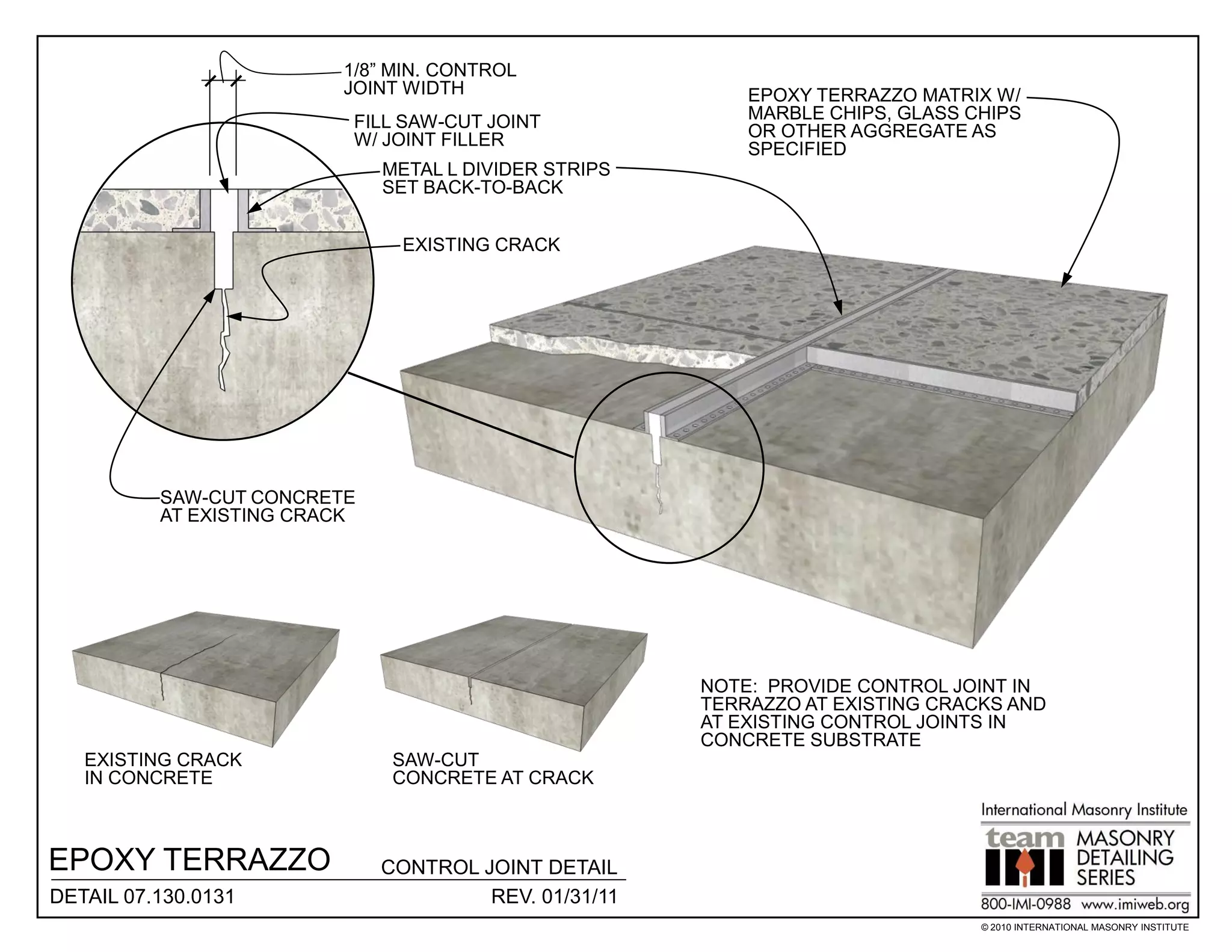 1/8” MIN. CONTROL
                         JOINT WIDTH                       EPOXY TERRAZZO MATRIX W/
                          FILL SAW-CUT JOINT               MARBLE CHIPS, GLASS CHIPS
                          W/ JOINT FILLER                  OR OTHER AGGREGATE AS
                                                           SPECIFIED
                              METAL L DIVIDER STRIPS
                              SET BACK-TO-BACK


                                EXISTING CRACK




          SAW-CUT CONCRETE
          AT EXISTING CRACK




                                                       NOTE: PROVIDE CONTROL JOINT IN
                                                       TERRAZZO AT EXISTING CRACKS AND
                                                       AT EXISTING CONTROL JOINTS IN
                                                       CONCRETE SUBSTRATE
   EXISTING CRACK              SAW-CUT
   IN CONCRETE                 CONCRETE AT CRACK



EPOXY TERRAZZO                CONTROL JOINT DETAIL
DETAIL 07.130.0131                     REV. 01/31/11
                                                                                © 2010 INTERNATIONAL MASONRY INSTITUTE
 
