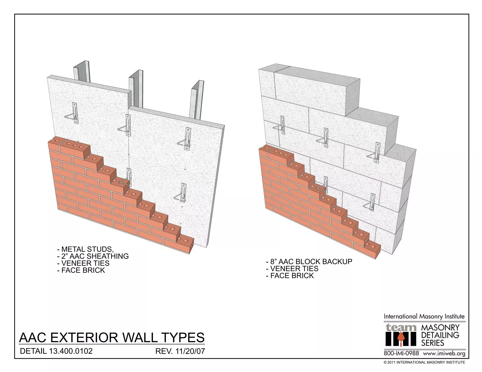 - METAL STUDS,
         - 2” AAC SHEATHING
         - VENEER TIES                        - 8” AAC BLOCK BACKUP
         - FACE BRICK                         - VENEER TIES
                                              - FACE BRICK




AAC EXTERIOR WALL TYPES
DETAIL 13.400.0102            REV. 11/20/07
                                                                      © 2011 INTERNATIONAL MASONRY INSTITUTE
 