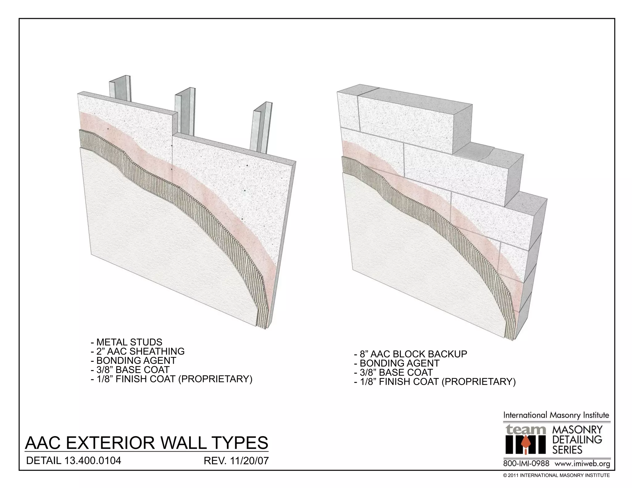 - METAL STUDS
            - 2” AAC SHEATHING                    - 8” AAC BLOCK BACKUP
            - BONDING AGENT                       - BONDING AGENT
            - 3/8” BASE COAT                      - 3/8” BASE COAT
            - 1/8” FINISH COAT (PROPRIETARY)      - 1/8” FINISH COAT (PROPRIETARY)




AAC EXTERIOR WALL TYPES
DETAIL 13.400.0104                REV. 11/20/07
                                                                               © 2011 INTERNATIONAL MASONRY INSTITUTE
 