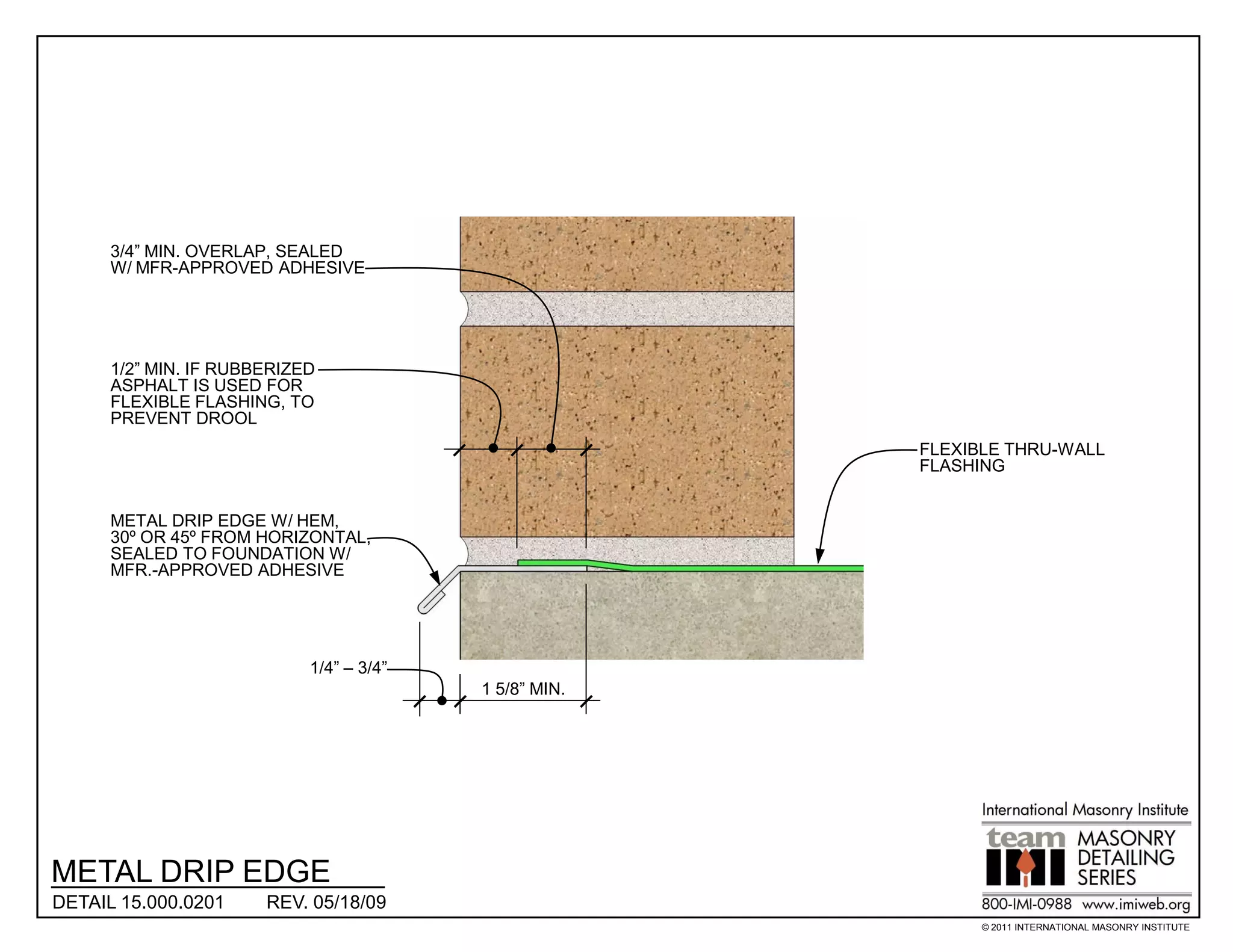 3/4” MIN. OVERLAP, SEALED
      W/ MFR-APPROVED ADHESIVE




      1/2” MIN. IF RUBBERIZED
      ASPHALT IS USED FOR
      FLEXIBLE FLASHING, TO
      PREVENT DROOL
                                                        FLEXIBLE THRU-WALL
                                                        FLASHING


      METAL DRIP EDGE W/ HEM,
      30º OR 45º FROM HORIZONTAL,
      SEALED TO FOUNDATION W/
      MFR.-APPROVED ADHESIVE




                            1/4” – 3/4”
                                          1 5/8” MIN.




METAL DRIP EDGE
DETAIL 15.000.0201     REV. 05/18/09
                                                              © 2011 INTERNATIONAL MASONRY INSTITUTE
 