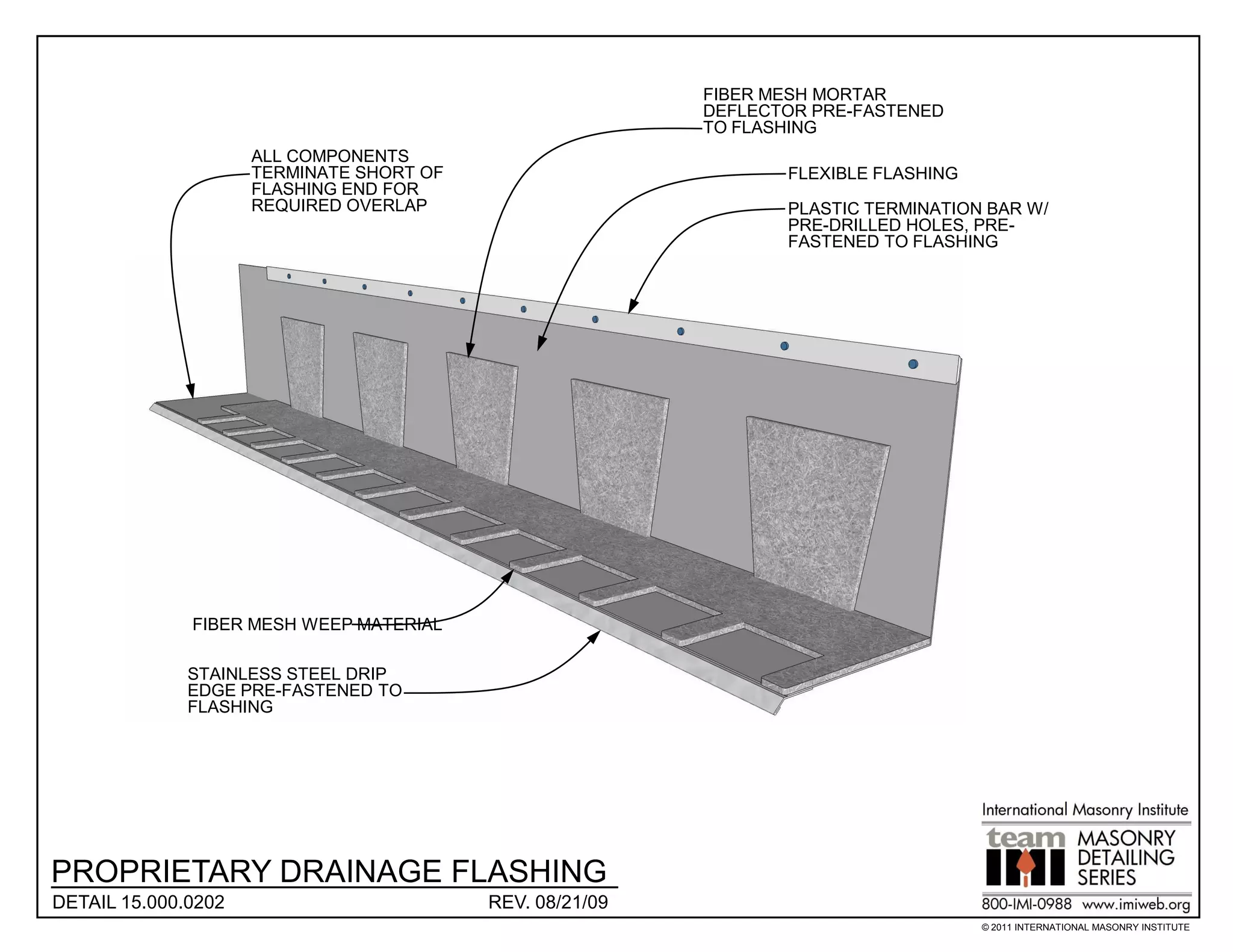 FIBER MESH MORTAR
                                                          DEFLECTOR PRE-FASTENED
                                                          TO FLASHING
                     ALL COMPONENTS
                     TERMINATE SHORT OF                          FLEXIBLE FLASHING
                     FLASHING END FOR
                     REQUIRED OVERLAP                            PLASTIC TERMINATION BAR W/
                                                                 PRE-DRILLED HOLES, PRE-
                                                                 FASTENED TO FLASHING




              FIBER MESH WEEP MATERIAL

              STAINLESS STEEL DRIP
              EDGE PRE-FASTENED TO
              FLASHING




PROPRIETARY DRAINAGE FLASHING
DETAIL 15.000.0202                        REV. 08/21/09
                                                                                     © 2011 INTERNATIONAL MASONRY INSTITUTE
 