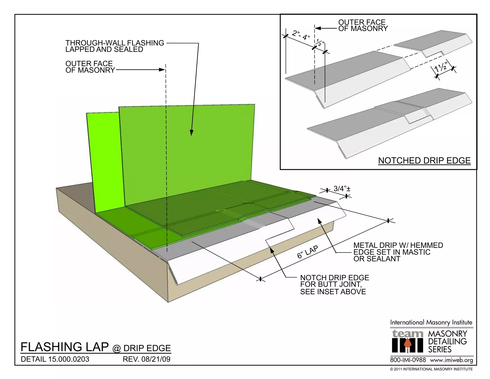 OUTER FACE
                                                OF MASONRY
           THROUGH-WALL FLASHING
           LAPPED AND SEALED
           OUTER FACE
           OF MASONRY




                                                            NOTCHED DRIP EDGE


                                               3/4”±




                                                       METAL DRIP W/ HEMMED
                                                       EDGE SET IN MASTIC
                                                       OR SEALANT

                                        NOTCH DRIP EDGE
                                        FOR BUTT JOINT,
                                        SEE INSET ABOVE




FLASHING LAP @ DRIP EDGE
DETAIL 15.000.0203      REV. 08/21/09
                                                               © 2011 INTERNATIONAL MASONRY INSTITUTE
 