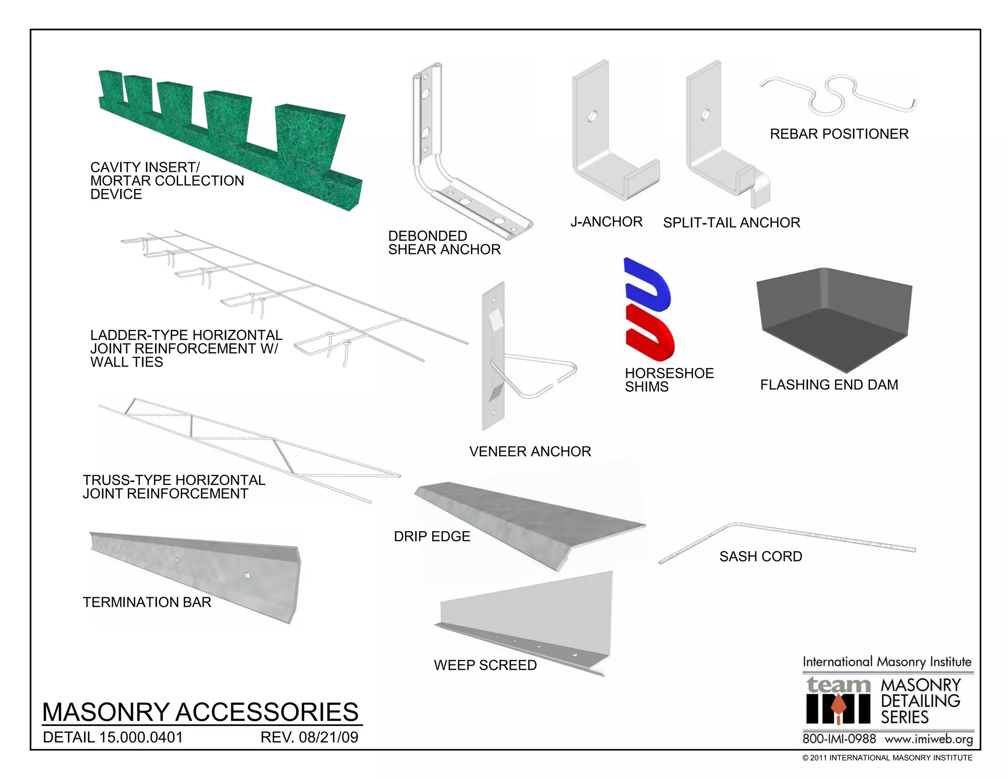 REBAR POSITIONER

      CAVITY INSERT/
      MORTAR COLLECTION
      DEVICE
                                                            J-ANCHOR   SPLIT-TAIL ANCHOR
                                          DEBONDED
                                          SHEAR ANCHOR




      LADDER-TYPE HORIZONTAL
      JOINT REINFORCEMENT W/
      WALL TIES
                                                                  HORSESHOE
                                                                  SHIMS            FLASHING END DAM



                                                  VENEER ANCHOR

     TRUSS-TYPE HORIZONTAL
     JOINT REINFORCEMENT


                                          DRIP EDGE
                                                                              SASH CORD


     TERMINATION BAR



                                              WEEP SCREED


MASONRY ACCESSORIES
DETAIL 15.000.0401        REV. 08/21/09
                                                                                           © 2011 INTERNATIONAL MASONRY INSTITUTE
 