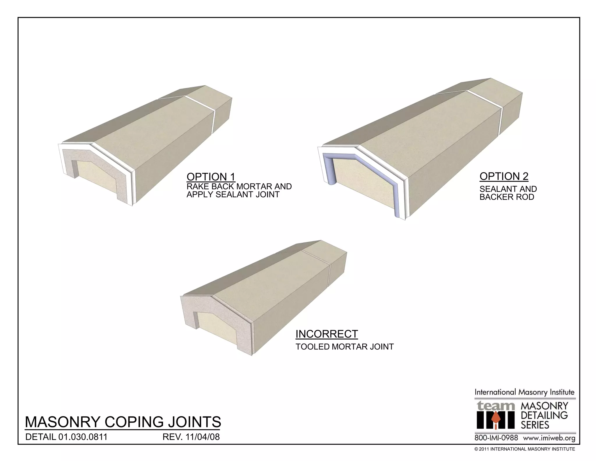 OPTION 1                                      OPTION 2
                          RAKE BACK MORTAR AND                          SEALANT AND
                          APPLY SEALANT JOINT                           BACKER ROD




                                                 INCORRECT
                                                 TOOLED MORTAR JOINT




MASONRY COPING JOINTS
DETAIL 01.030.0811   REV. 11/04/08
                                                                       © 2011 INTERNATIONAL MASONRY INSTITUTE
 