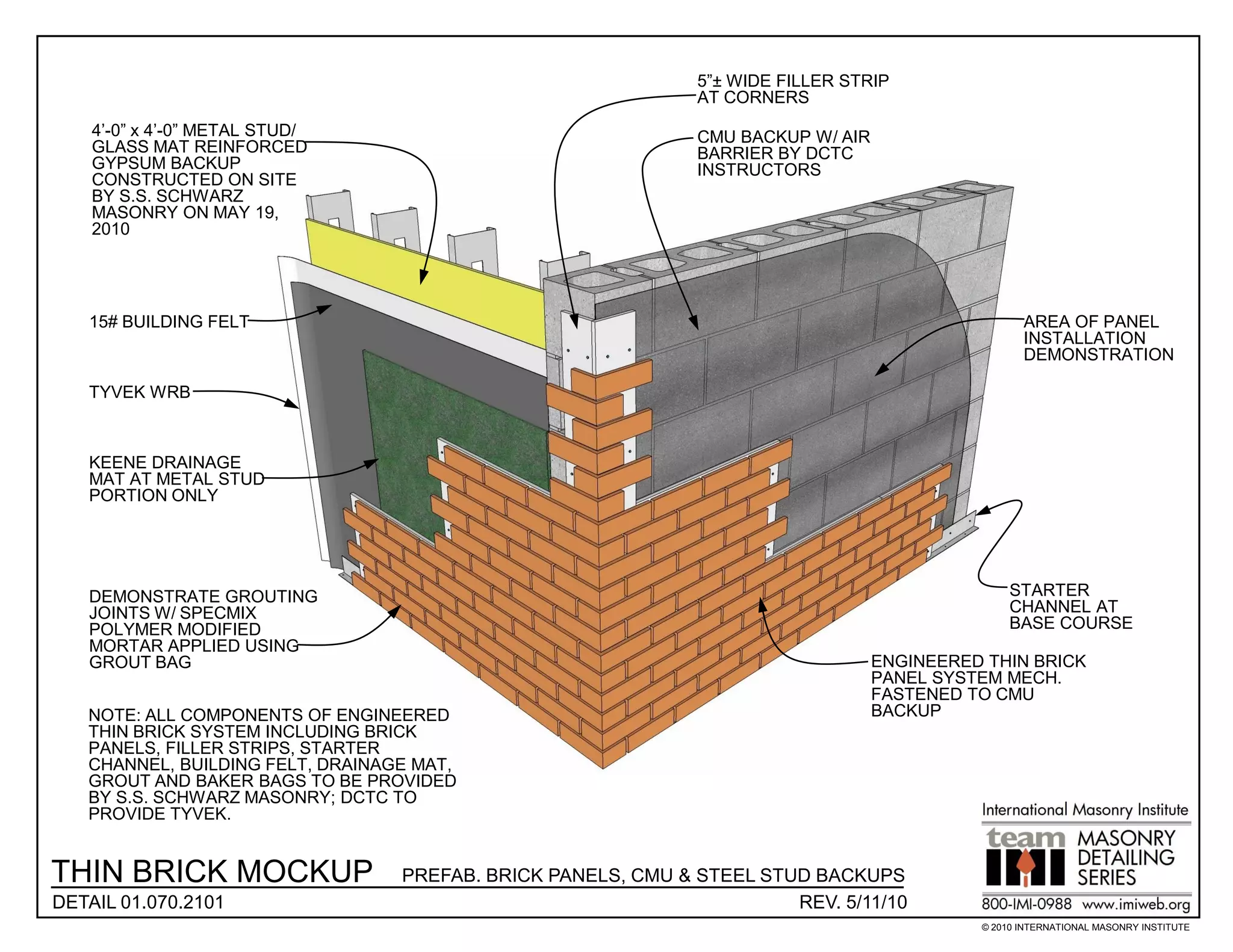 5”± WIDE FILLER STRIP
                                                              AT CORNERS
    4’-0” x 4’-0” METAL STUD/                                 CMU BACKUP W/ AIR
    GLASS MAT REINFORCED                                      BARRIER BY DCTC
    GYPSUM BACKUP                                             INSTRUCTORS
    CONSTRUCTED ON SITE
    BY S.S. SCHWARZ
    MASONRY ON MAY 19,
    2010




   15# BUILDING FELT                                                                               AREA OF PANEL
                                                                                                   INSTALLATION
                                                                                                   DEMONSTRATION

   TYVEK WRB



   KEENE DRAINAGE
   MAT AT METAL STUD
   PORTION ONLY




   DEMONSTRATE GROUTING                                                                          STARTER
   JOINTS W/ SPECMIX                                                                             CHANNEL AT
   POLYMER MODIFIED                                                                              BASE COURSE
   MORTAR APPLIED USING
   GROUT BAG                                                                      ENGINEERED THIN BRICK
                                                                                  PANEL SYSTEM MECH.
                                                                                  FASTENED TO CMU
   NOTE: ALL COMPONENTS OF ENGINEERED                                             BACKUP
   THIN BRICK SYSTEM INCLUDING BRICK
   PANELS, FILLER STRIPS, STARTER
   CHANNEL, BUILDING FELT, DRAINAGE MAT,
   GROUT AND BAKER BAGS TO BE PROVIDED
   BY S.S. SCHWARZ MASONRY; DCTC TO
   PROVIDE TYVEK.


THIN BRICK MOCKUP                 PREFAB. BRICK PANELS, CMU & STEEL STUD BACKUPS
DETAIL 01.070.2101                                                     REV. 5/11/10
                                                                                            © 2010 INTERNATIONAL MASONRY INSTITUTE
 