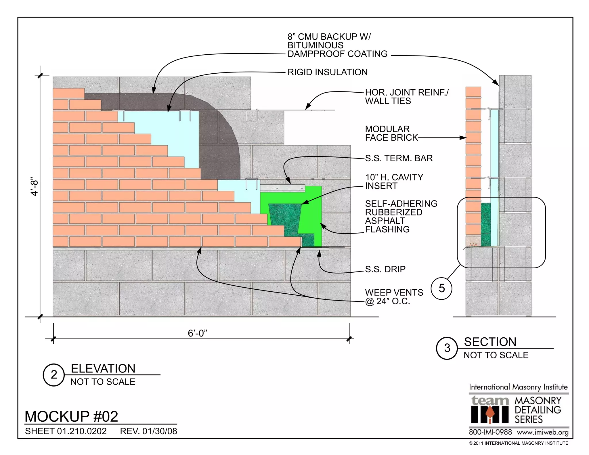 8” CMU BACKUP W/
                                             BITUMINOUS
                                             DAMPPROOF COATING

                                             RIGID INSULATION

                                                            HOR. JOINT REINF./
                                                            WALL TIES


                                                            MODULAR
                                                            FACE BRICK

                                                            S.S. TERM. BAR

                                                            10” H. CAVITY
4’-8”




                                                            INSERT
                                                            SELF-ADHERING
                                                            RUBBERIZED
                                                            ASPHALT
                                                            FLASHING



                                                            S.S. DRIP

                                                            WEEP VENTS       5
                                                            @ 24” O.C.


                                     6’-0”
                                                                                 SECTION
                                                                             3
                                                                                 NOT TO SCALE
            ELEVATION
        2
            NOT TO SCALE



MOCKUP #02
SHEET 01.210.0202    REV. 01/30/08
                                                                                  © 2011 INTERNATIONAL MASONRY INSTITUTE
 