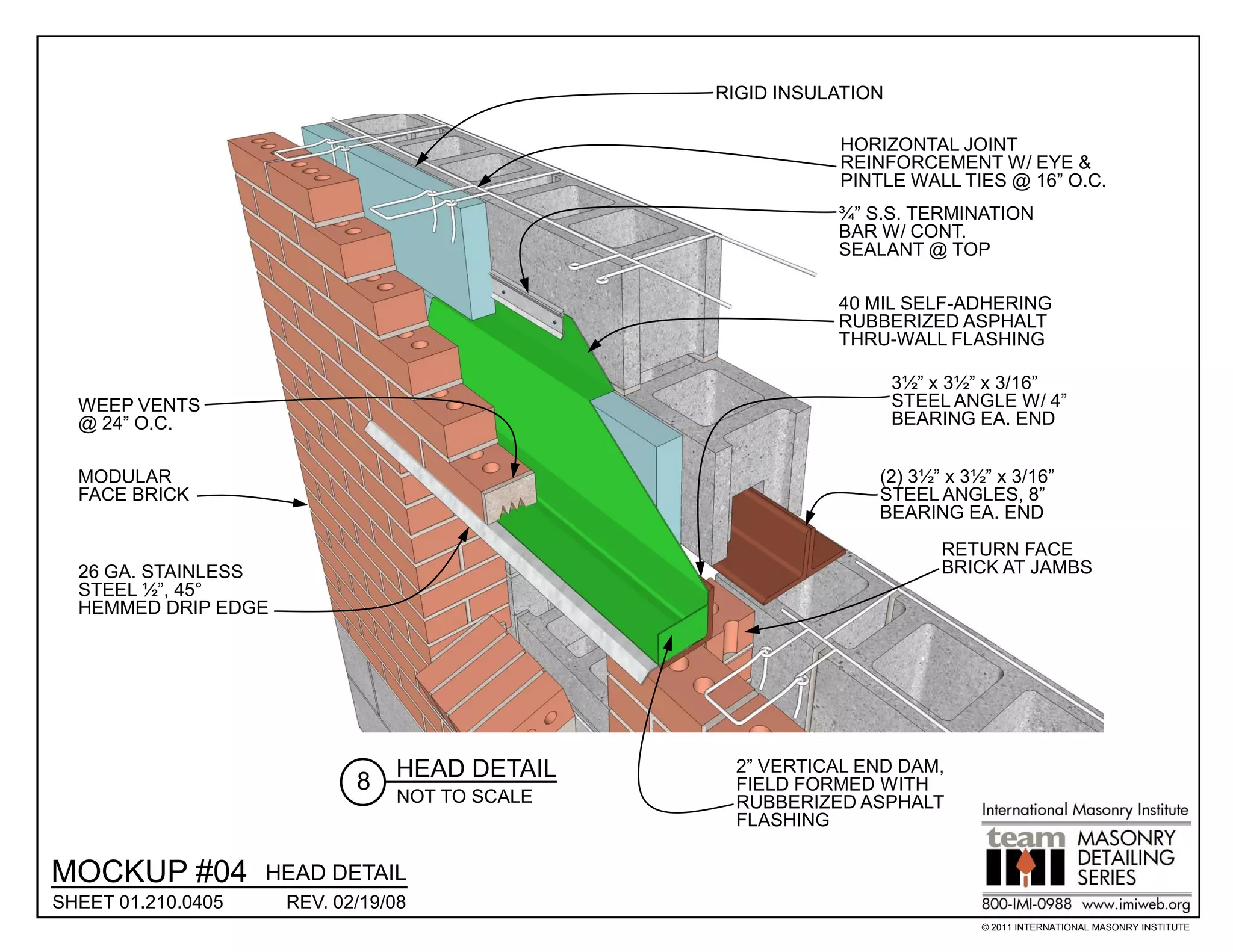 RIGID INSULATION

                                                          HORIZONTAL JOINT
                                                          REINFORCEMENT W/ EYE &
                                                          PINTLE WALL TIES @ 16” O.C.
                                                          ¾” S.S. TERMINATION
                                                          BAR W/ CONT.
                                                          SEALANT @ TOP

                                                          40 MIL SELF-ADHERING
                                                          RUBBERIZED ASPHALT
                                                          THRU-WALL FLASHING

                                                                  3½” x 3½” x 3/16”
  WEEP VENTS                                                      STEEL ANGLE W/ 4”
  @ 24” O.C.                                                      BEARING EA. END


  MODULAR                                                     (2) 3½” x 3½” x 3/16”
  FACE BRICK                                                  STEEL ANGLES, 8”
                                                              BEARING EA. END
                                                                      RETURN FACE
  26 GA. STAINLESS                                                    BRICK AT JAMBS
  STEEL ½”, 45°
  HEMMED DRIP EDGE




                                HEAD DETAIL     2” VERTICAL END DAM,
                            8                   FIELD FORMED WITH
                                NOT TO SCALE    RUBBERIZED ASPHALT
                                                FLASHING

MOCKUP #04          HEAD DETAIL
SHEET 01.210.0405    REV. 02/19/08
                                                                          © 2011 INTERNATIONAL MASONRY INSTITUTE
 