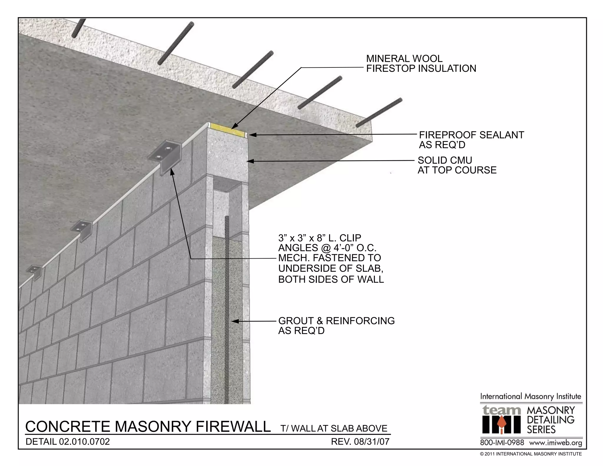 MINERAL WOOL
                                              FIRESTOP INSULATION




                                                       FIREPROOF SEALANT
                                                       AS REQ’D
                                                       SOLID CMU
                                                       AT TOP COURSE




                            3” x 3” x 8” L. CLIP
                            ANGLES @ 4’-0” O.C.
                            MECH. FASTENED TO
                            UNDERSIDE OF SLAB,
                            BOTH SIDES OF WALL



                            GROUT & REINFORCING
                            AS REQ’D




CONCRETE MASONRY FIREWALL   T/ WALL AT SLAB ABOVE
DETAIL 02.010.0702                     REV. 08/31/07
                                                                    © 2011 INTERNATIONAL MASONRY INSTITUTE
 
