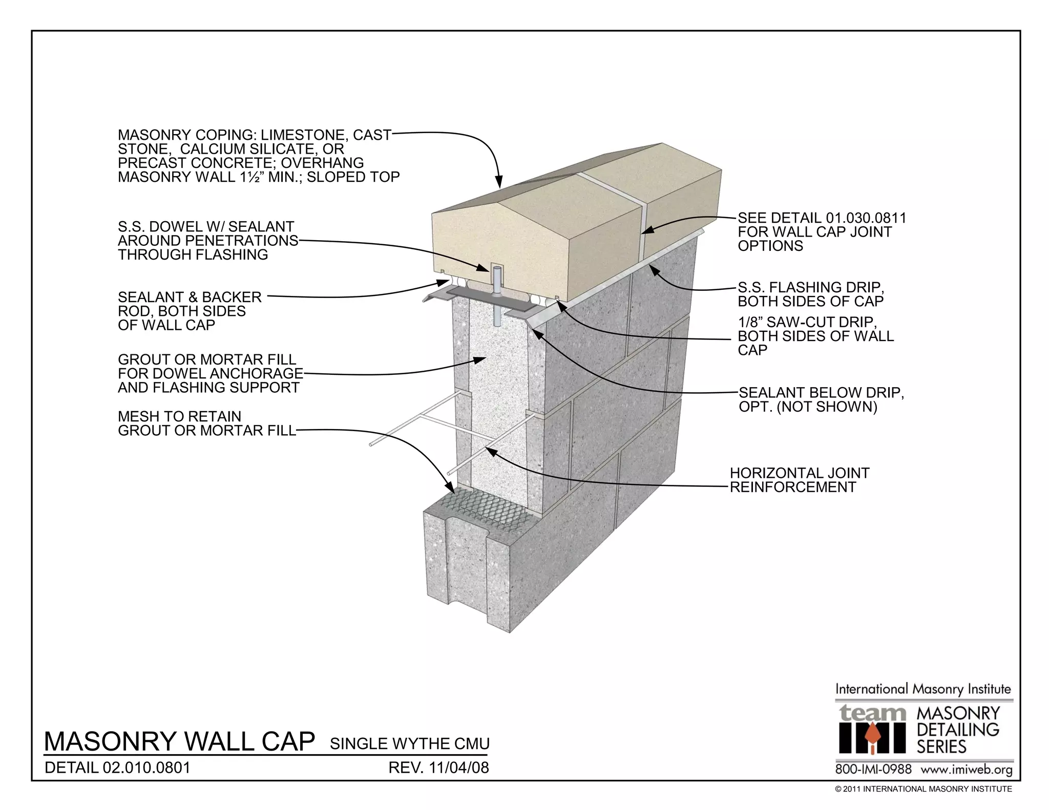 MASONRY COPING: LIMESTONE, CAST
        STONE, CALCIUM SILICATE, OR
        PRECAST CONCRETE; OVERHANG
        MASONRY WALL 1½” MIN.; SLOPED TOP

                                                      SEE DETAIL 01.030.0811
        S.S. DOWEL W/ SEALANT                         FOR WALL CAP JOINT
        AROUND PENETRATIONS                           OPTIONS
        THROUGH FLASHING

                                                      S.S. FLASHING DRIP,
        SEALANT & BACKER                              BOTH SIDES OF CAP
        ROD, BOTH SIDES
        OF WALL CAP                                   1/8” SAW-CUT DRIP,
                                                      BOTH SIDES OF WALL
                                                      CAP
        GROUT OR MORTAR FILL
        FOR DOWEL ANCHORAGE
        AND FLASHING SUPPORT                           SEALANT BELOW DRIP,
                                                       OPT. (NOT SHOWN)
        MESH TO RETAIN
        GROUT OR MORTAR FILL

                                                      HORIZONTAL JOINT
                                                      REINFORCEMENT




MASONRY WALL CAP                SINGLE WYTHE CMU
DETAIL 02.010.0801                    REV. 11/04/08
                                                                  © 2011 INTERNATIONAL MASONRY INSTITUTE
 
