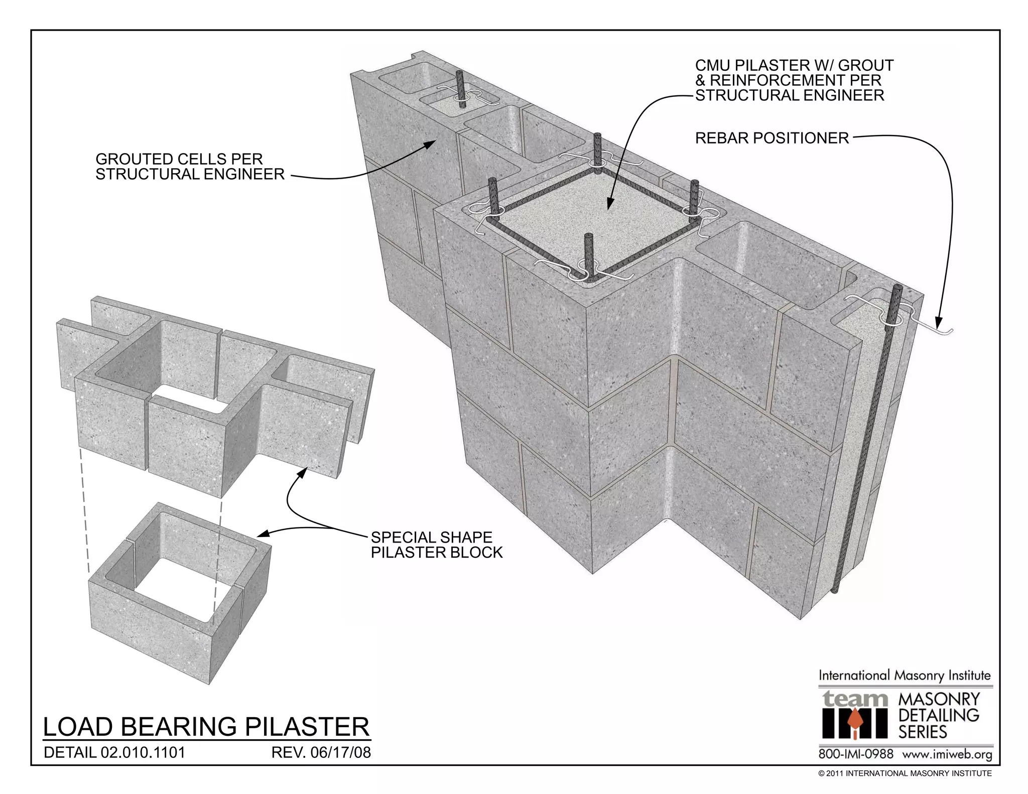 CMU PILASTER W/ GROUT
                                                    & REINFORCEMENT PER
                                                    STRUCTURAL ENGINEER

                                                    REBAR POSITIONER
      GROUTED CELLS PER
      STRUCTURAL ENGINEER




                                   SPECIAL SHAPE
                                   PILASTER BLOCK




LOAD BEARING PILASTER
DETAIL 02.010.1101     REV. 06/17/08
                                                                 © 2011 INTERNATIONAL MASONRY INSTITUTE
 