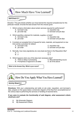 MASONRY
K to 12 – Technology and Livelihood Education 19
Direction: This part checks whether you have learned the required competencies for this
particular module. Encircle the best answer from the choices given.
1. Which contains information about certain services required for performance?
A. borrower‟s slip C. requisition slip
B. job order slip D. borrower and job slips
2. Which specifies a demand for materials, supplies, or tools?
A. borrower‟s slip C. requisition slip
B. job order D. borrower and job slips
3. It contains an accepted form of request for tools, materials, and equipment on due
time carries a provision for default.
A. borrower‟s slip C. requisition slip
B. job order D. borrower and job slips
4. Normally, how many signatories at a very least are there in the Requisition Slip?
A. 1 C. 3
B. 2 D. 4
5. Which happens when any of the slips lack necessary data?
A. There is delay in processing. C. Misunderstanding occurs
B. Promptness of approval is at stake D. all of the above
Directions: With your understanding and skills on job order, requisition, and borrower‟s
slips, prepare on the space below a schematic diagram of the flow from accomplishment of
the various slips to performing the services or handling of received items.
If you were to evaluate the functionality of said diagram, what assessment criteria
would you use?
A. My Schematic Diagram:
B. My Assessment Criteria:
Show that you learned something by doing this activity.
Refer to the Answer Key. What is your score?
How Much Have You Learned?
Self-Check 2.1
HowDo YouApplyWhatYou HaveLearned?
Activity Sheet 2.1
 