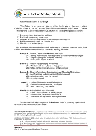 MASONRY
K to 12 – Technology and Livelihood Education 2
Welcome to the world of Masonry!
This Module is an exploratory course which leads you to Masonry National
Certificate Level II ( NC II)1
. It covers five common competencies that a Grade 7 / Grade 8
Technology and Livelihood Education (TLE) student like you ought to possess, namely:
1). Prepare construction materials and tools;
2). Practice housekeeping procedures;
3). Observe procedures, specifications and manuals of instructions;
4). Perform mensuration and calculations; and
5). Maintain tools and equipment.
These 5 common competencies are covered separately in 5 Lessons. As shown below, each
Lesson is directed to the attainment of one or two learning outcomes:
Lesson 1 – Prepare Construction Materials and Tools
LO1. Identify materials and tools applicable to a specific construction job
LO2. Request appropriate materials and tools
LO3. Receive and inspect materials
Lesson 2 – Practice Housekeeping Procedures
LO1. Maintain work areas, tools and equipment
LO2.Follow standard work processes and procedures
Lesson 3 – Observe Procedures, Specifications and Manuals of Instructions
LO1.Identify access, and interpret specification /manual
LO2. Apply information from the manual
LO3. Store the manual
Lesson 4 – Perform Mensurations And Calculations:
LO1. Carry out measurement and calculations
LO2. Select measuring instruments
Lesson 5 – Maintain Tools and Equipment
LO1. Check conditions of tools and equipment
LO2. Perform basic preventive maintenance
LO3. Store tools and equipment learning outcomes
Your success in this exploratory course on Masonry is shown in your ability to perform the
performance standards found in each lesson.
1NATIONAL CERTIFICATE (NC) is a certification issued to individuals who achieved all the required units of competency for a national
qualification as defined under the Training Regulations. NCs are aligned to specific levels within the PTQF. (TESDA Board Resolution
No. 2004-13, Training Regulations Framework)
NATIONAL CERTIFICATE LEVEL refers to the four (4) qualification levels defined in the Philippine TVET Qualifications Framework
(PTQF) where the worker with:
a. NC I performs a routine and predictable tasks; has little judgment; and, works under supervision;
b. NC II performs prescribed range of functions involving known routines and procedures; has limited choice and complexity of
functions, and has little accountability;
What Is This Module About?
 