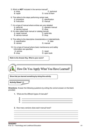 MASONRY
K to 12 – Technology and Livelihood Education 69
5. Which is NOT included in the service manual?
A. shop C. technical
B. repair D. none of them
6. This refers to the steps performing certain task.
A. procedure C. specification
B. instruction D. manual
7. It is a type of manual where entries are very detailed.
A. parts list C. operator manual
B. service manual D. shop
8. It is also called book manual or catalog manual.
A. repair manual C. parts lists
B. service manual D. shop
9. This refers to the descriptive characteristics or materials/tools.
A. specification C. data
B. version D. manual
10. It is a type of manual where basic maintenance and safety
information are specified.
A. service C. repair
B. shop D. open book
Directions: Answer the following questions by writing the correct answer on the blank
provided.
1. What are the different types of manuals?
a. _____________________________________________________
b. _____________________________________________________
c. _____________________________________________________
2. How many versions does each manual have?
___________________________________________________________________
___________________________________________________________________
___________________________________________________________________
___________________________________________________________________
___________________________________________________________________
Show that you learned something by doing this activity.
Refer to the Answer Key. What is your score?
HowDo YouApplyWhatYou HaveLearned?
Activity Sheet 1.1
 