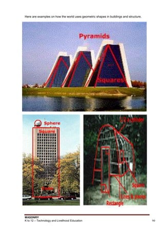 MASONRY
K to 12 – Technology and Livelihood Education 90
Here are examples on how the world uses geometric shapes in buildings and structure.
 