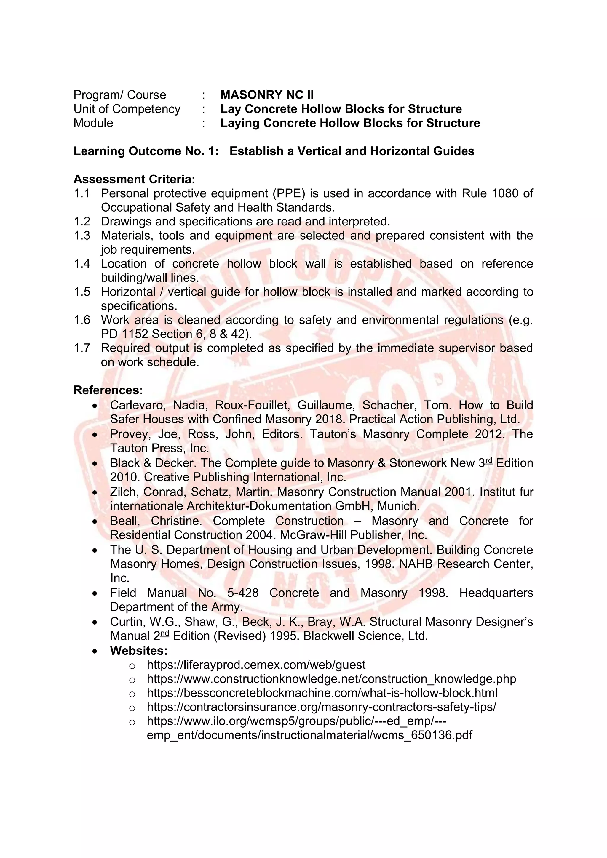 MASONRY NC II - CBLM | PDF