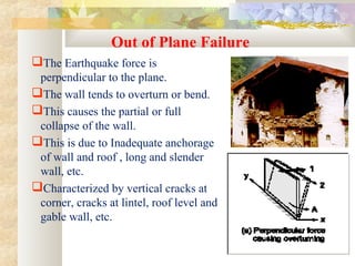 Out of Plane Failure
The Earthquake force is
perpendicular to the plane.
The wall tends to overturn or bend.
This causes the partial or full
collapse of the wall.
This is due to Inadequate anchorage
of wall and roof , long and slender
wall, etc.
Characterized by vertical cracks at
corner, cracks at lintel, roof level and
gable wall, etc.
 