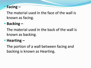  Facing –
The material used in the face of the wall is
known as facing.
 Backing –
The material used in the back of the wall is
known as backing.
 Hearting –
The portion of a wall between facing and
backing is known as Hearting.
 
