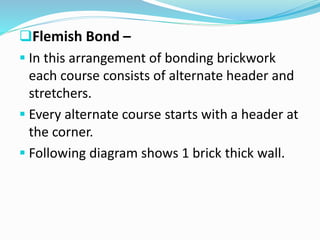 Flemish Bond –
 In this arrangement of bonding brickwork
each course consists of alternate header and
stretchers.
 Every alternate course starts with a header at
the corner.
 Following diagram shows 1 brick thick wall.
 