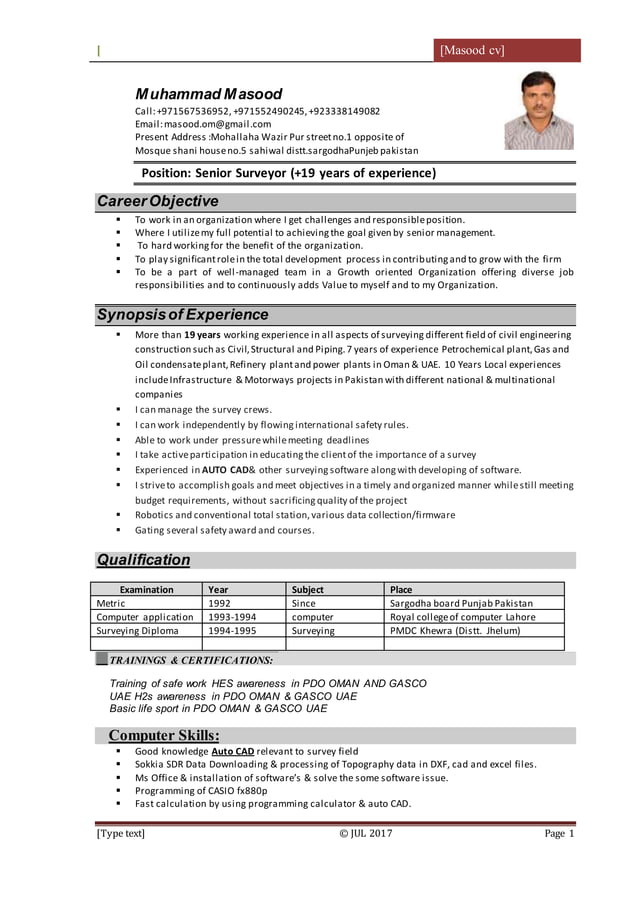 Surveyor Cv.pdf Land Surveyor cv Masood ( ls-ok - j16-1) | PDF