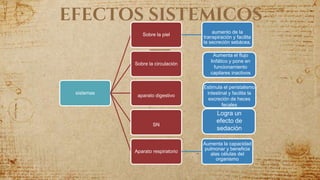 EFECTOS SISTEMICOS
sistemas
Sobre la piel
aumento de la
transpiración y facilita
la secreción sebácea.
Sobre la circulación
aparato digestivo
SN
Aparato respiratorio
Aumenta la capacidad
pulmonar y beneficia
alas células del
organismo
Aumenta el flujo
linfático y pone en
funcionamiento
capilares inactivos
Estimula el peristalismo
intestinal y facilita la
excreción de heces
fecales
Logra un
efecto de
sedación
 